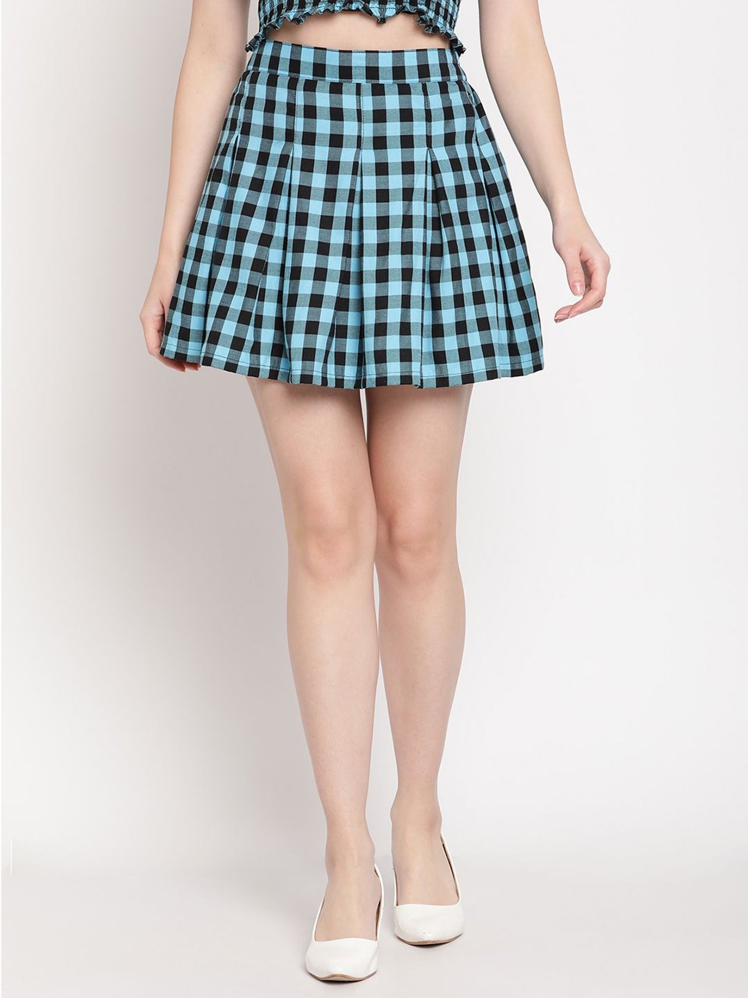 TAG 7 Blue Cotton Chequered A-Line Skirt