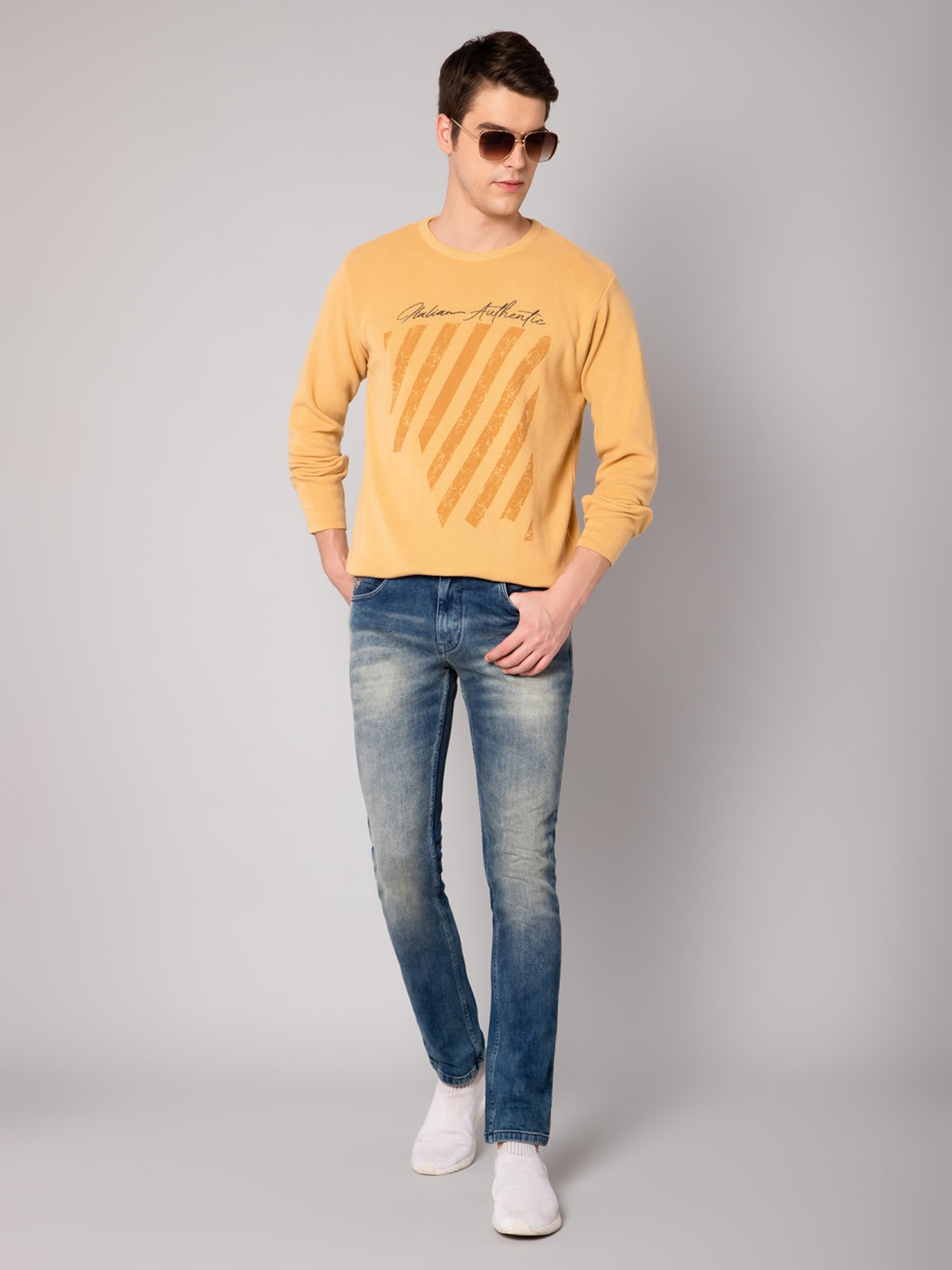 Cantabil Mustard Regular Fit Printed Sweater
