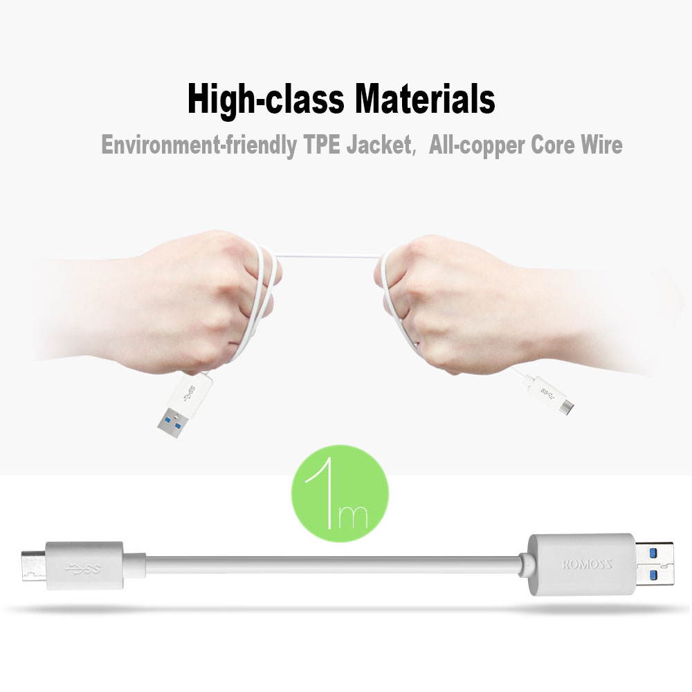 ROMOSS&reg; USB 3.0 Type-C to Type-A USB-3.1 Cable Cord 3.3ft (1m) Compatible with Macbook 12 inch, Nokia N1 and other Type-C Supported Devices