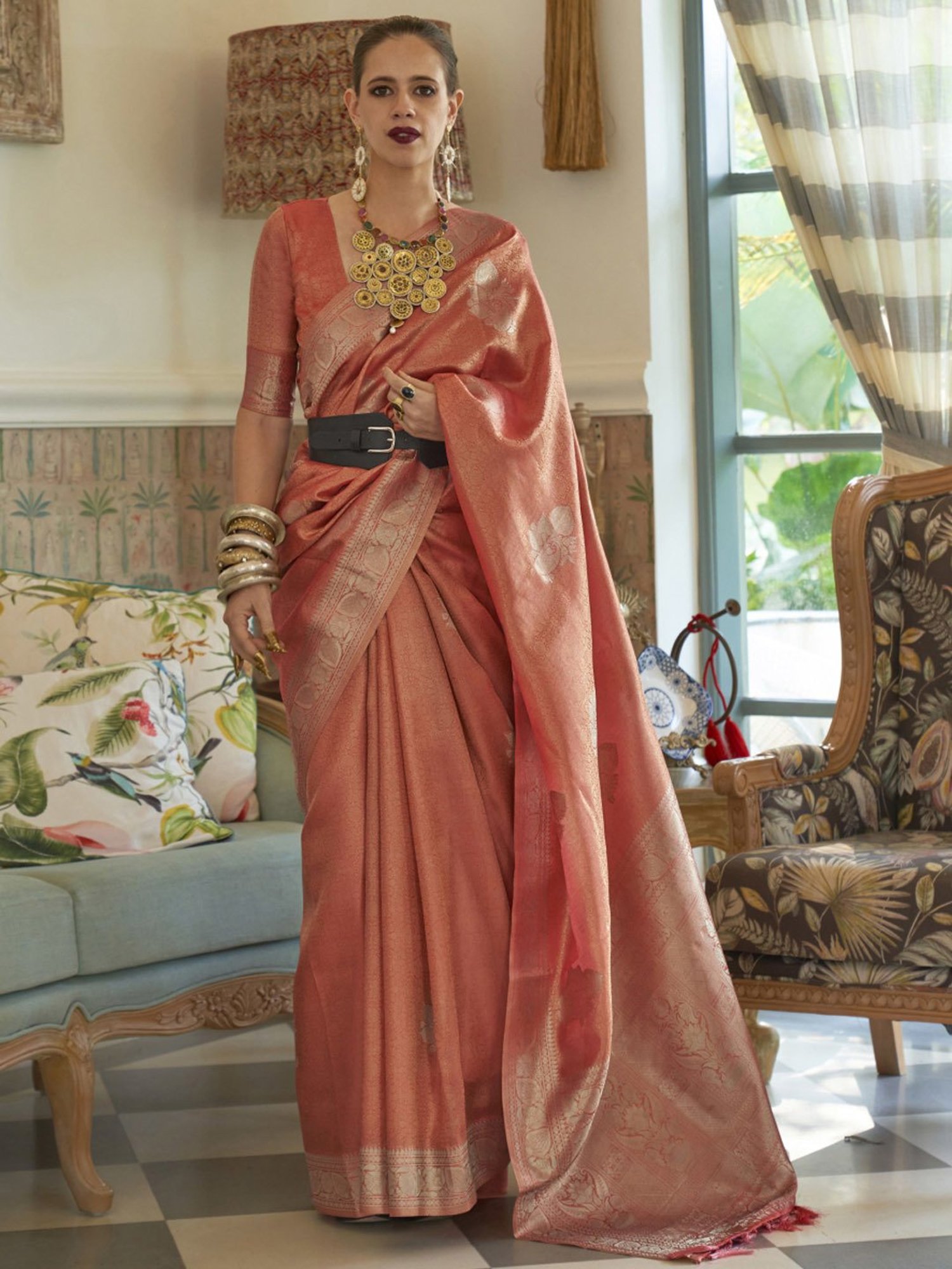 Elora Peach Woven Saree With Unstitched Blouse