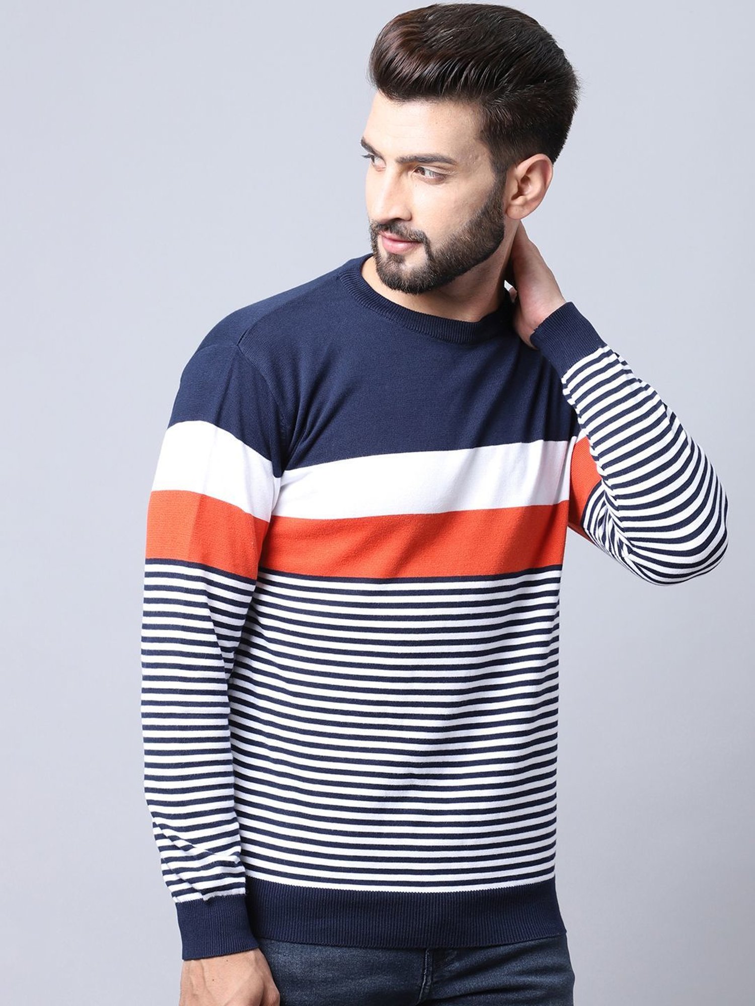 Cantabil Navy Blue Regular Fit Striped Sweater