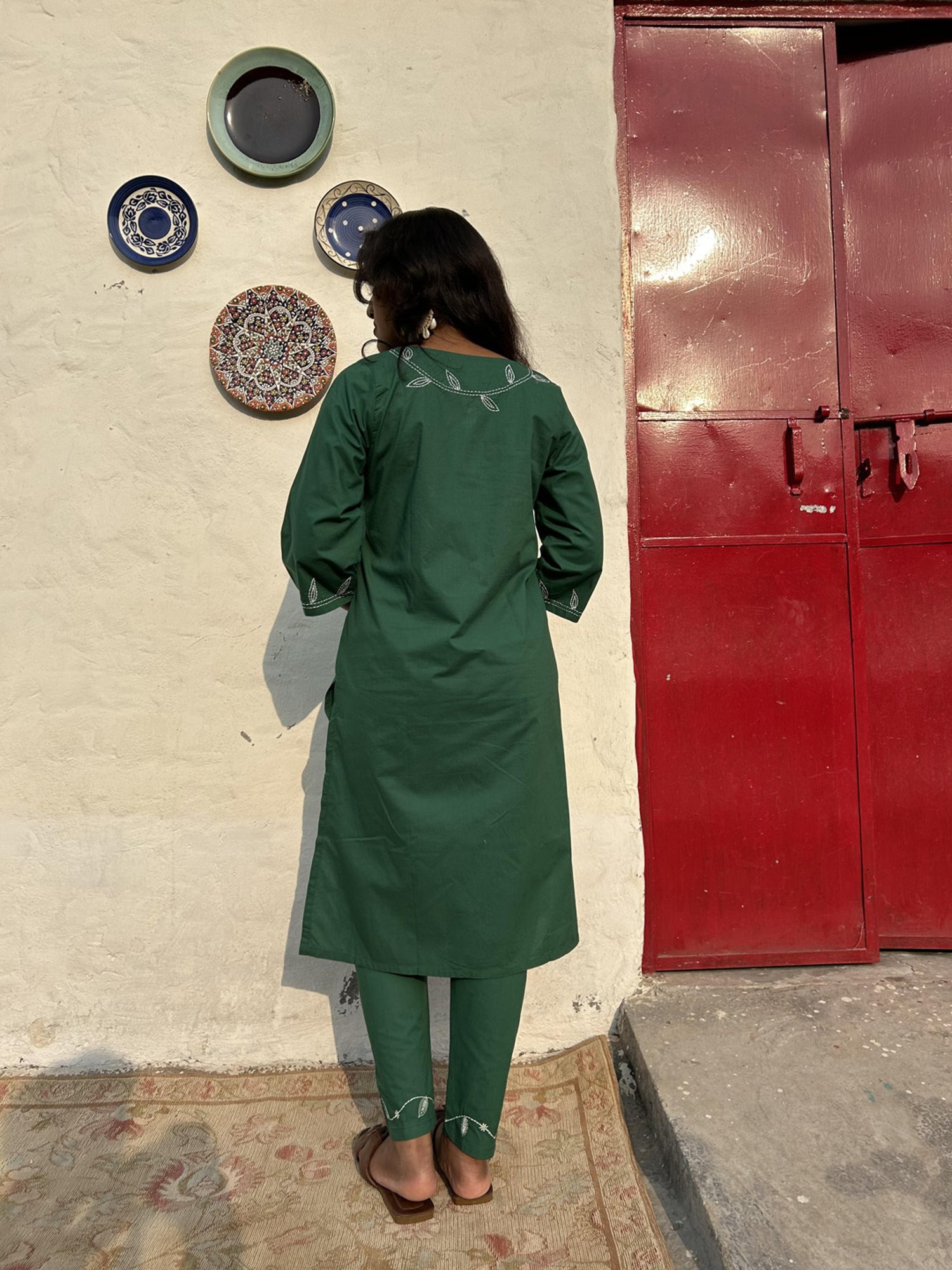 Zuri Green 3D Patch Work Embroidered Cotton Kurta