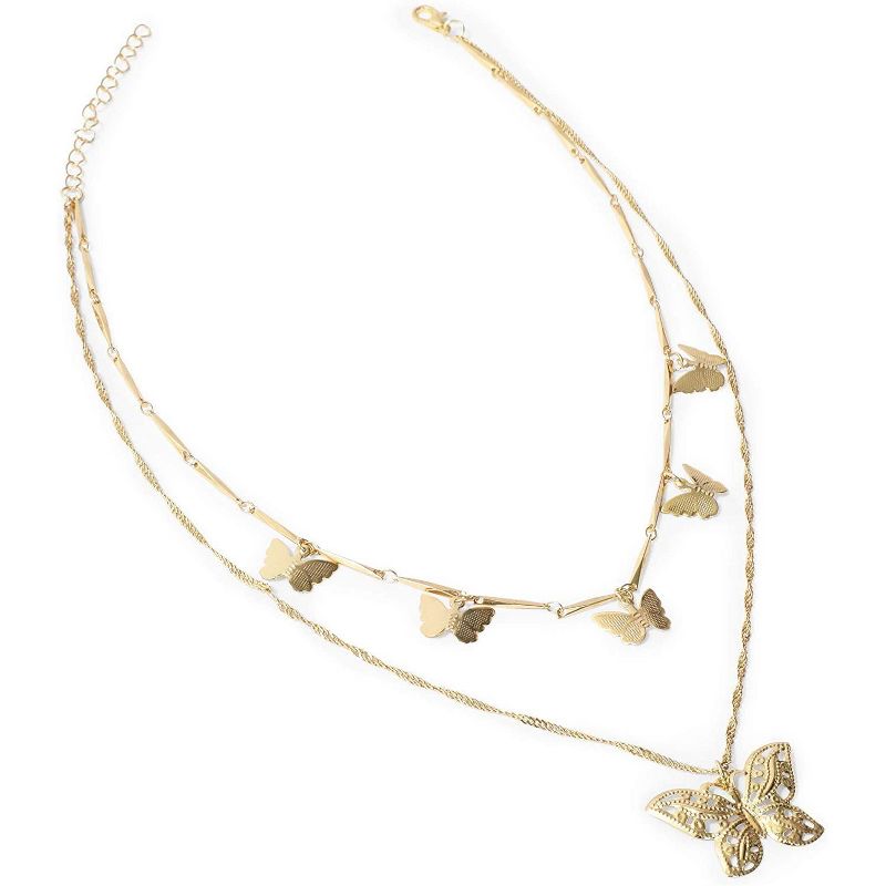 Glamlily 2 Piece Gold Butterfly Layered Necklace and Bracelet Jewelry Set for Women