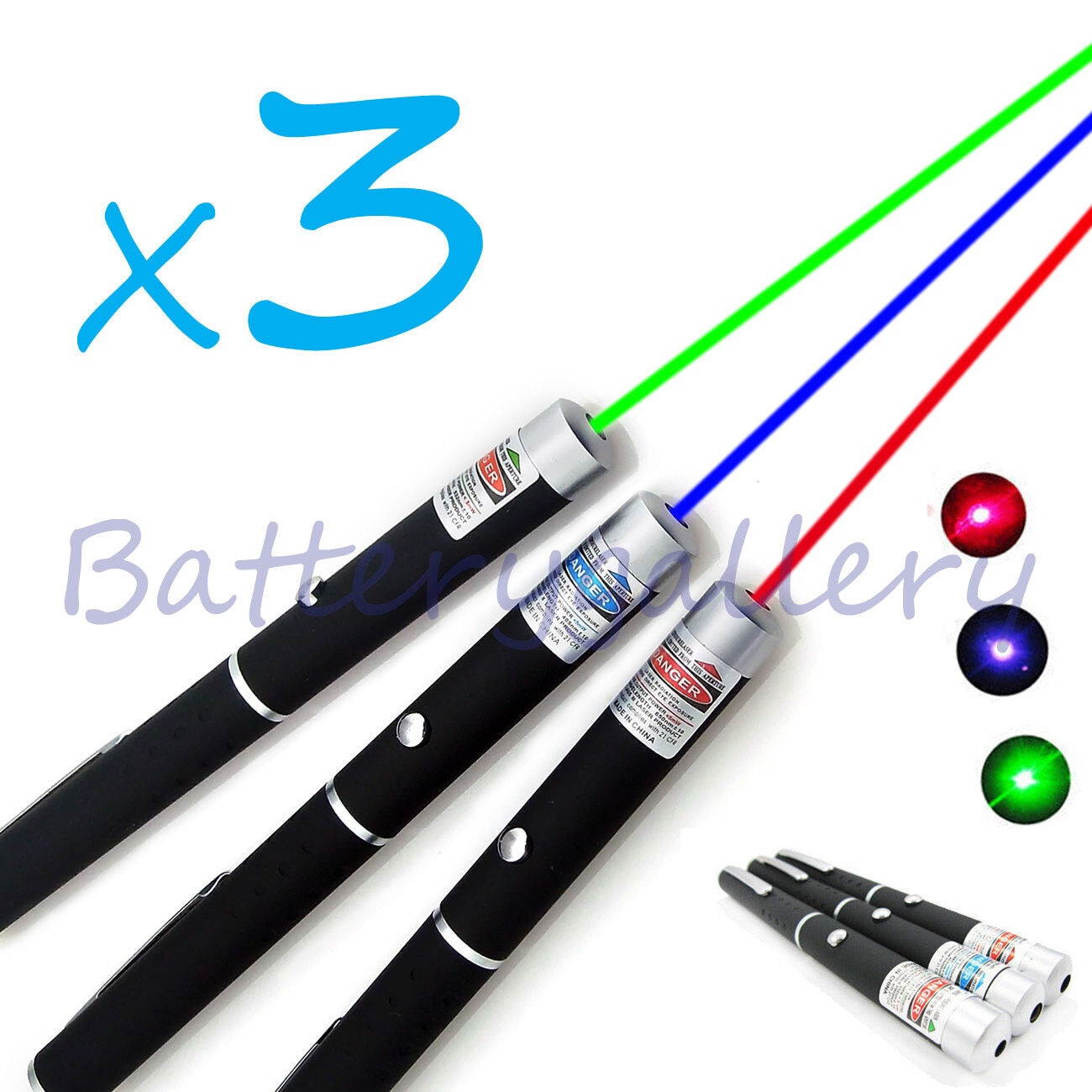 3PCS Green + Blue Violet + Red Light Beam Powerful 5MW Laser Pointer Pen