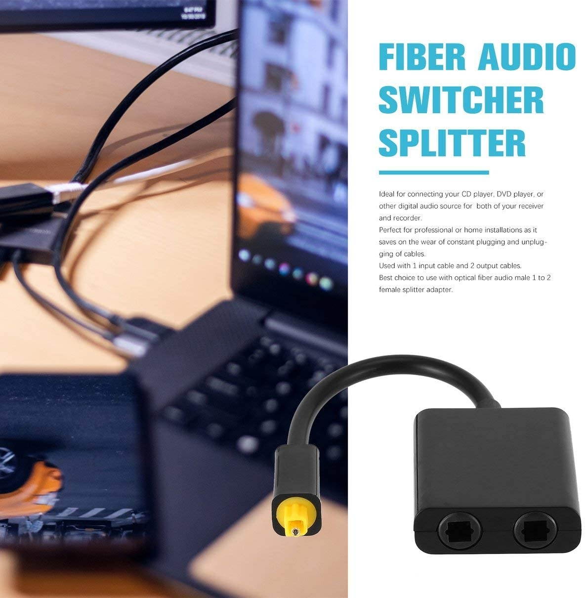 Isabelvictoria Digital toslink Optical Fiber Optic Audio Cable 1 in 2 Out Splitter Adapter Black Switcher Converter Portable