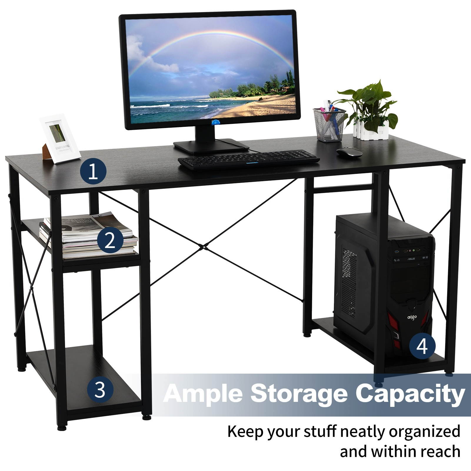 Gome Computer Desk with Shelves Storage, 55" Modern Home Office Desk for Small Spaces, Student Writing PC Desk for Teens Bedroom, Industrial Work Study Desk Wood Desk with Mouse Pad & Hanging Hook
