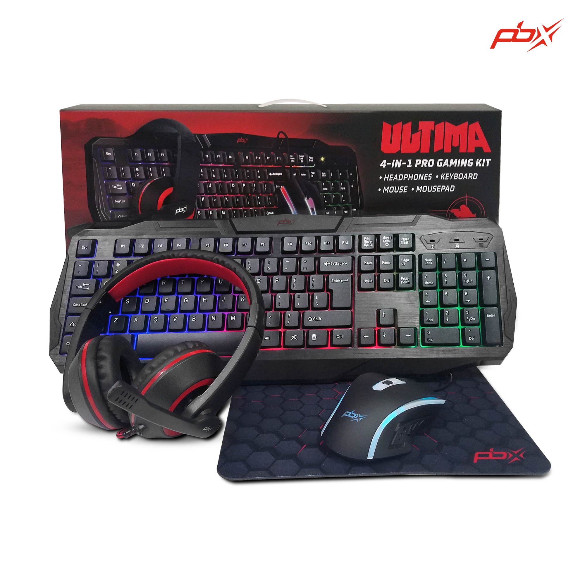 PBX 4-in-1 Pro Gaming Combo Kit &ndash; Wired Backlit Tactile Keyboard and Gaming Mouse, with Mousepad and Gaming Headset - Computer Gamers Hardware Setup and Accessories &ndash; Best Gift for Gamers