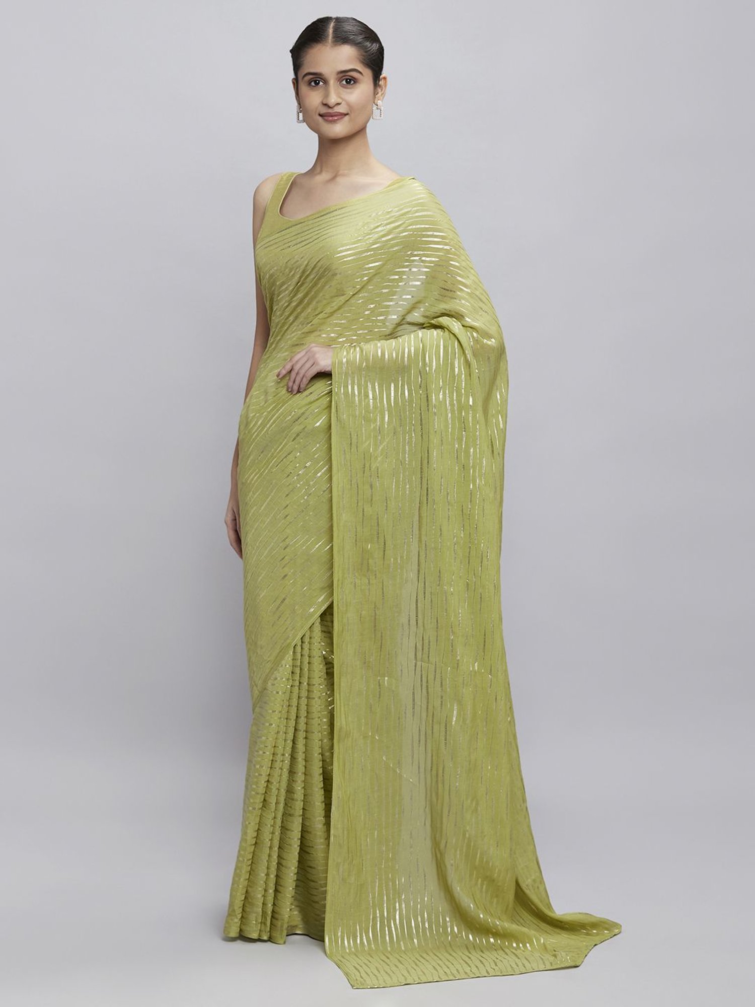 Navyasa Olive Liva Lite Pastel Foil Saree With Coordinated Unstitched Blouse Piece