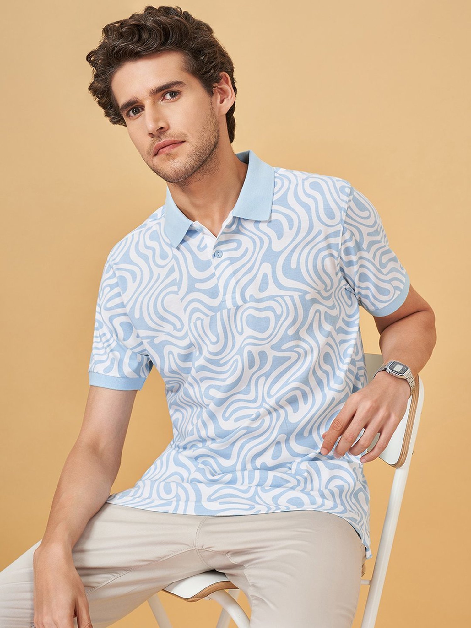 Byford By Pantaloons Blue Slim Fit Printed Polo T-Shirt