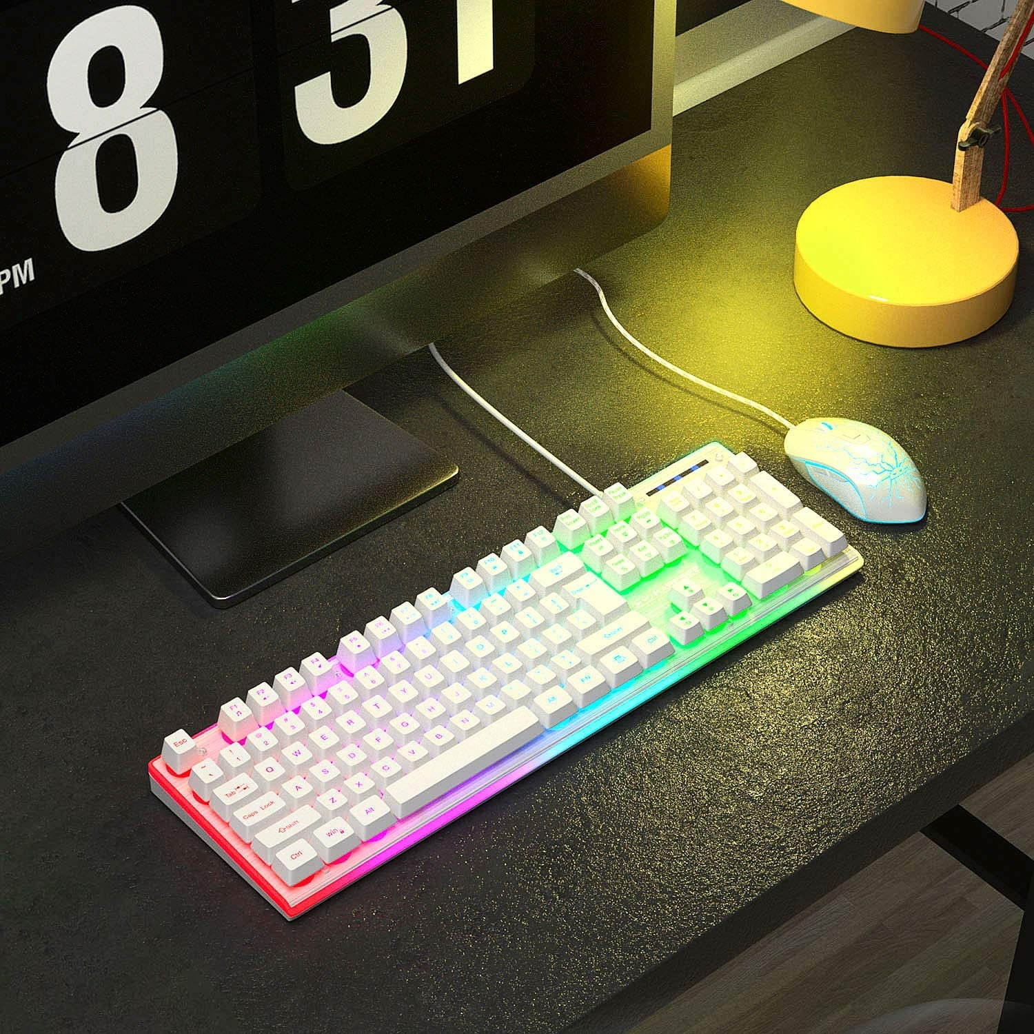 Gaming Keyboard and Mouse Combo, MageGee GT838 RGB Backlit Keyboard 104 Keys Aluminum Panel USB Quiet Wired Computer Keyboard for Windows PC Laptop - White/Silver