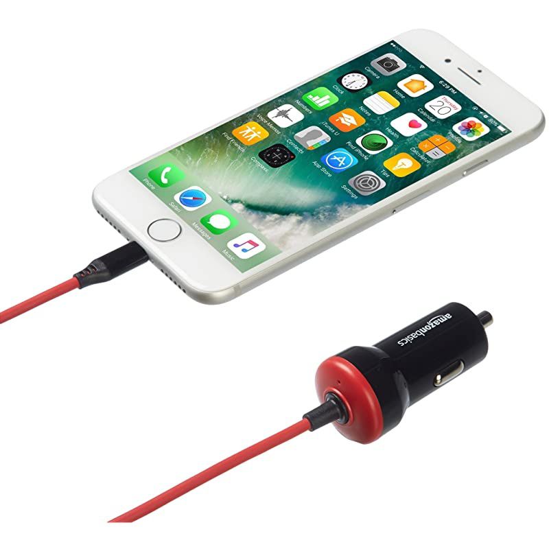 Straight Cable Lightning Car Charger 5V 12W 3 Foot Black and Red