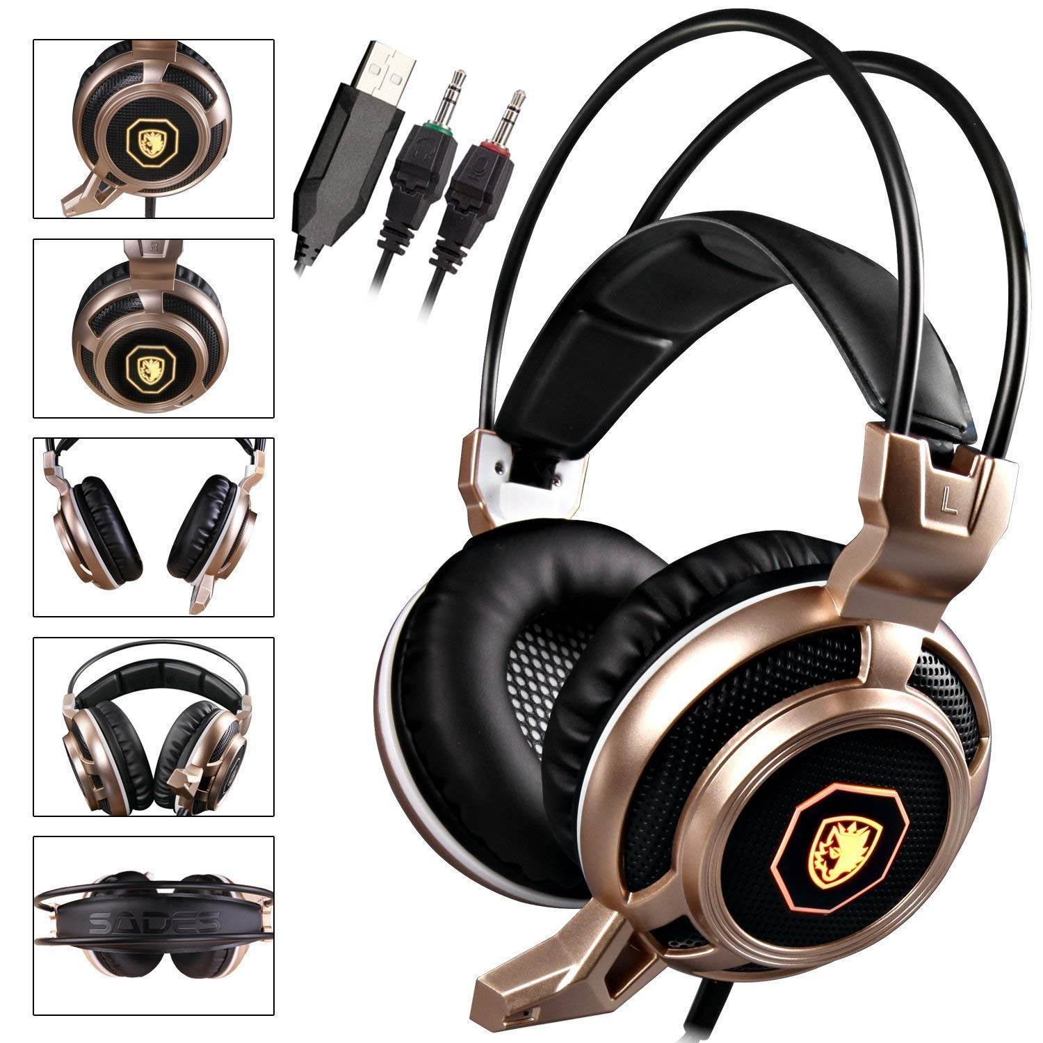 SADES Arcmage Gold Stereo Gaming Headphones With LED Lighting 3.5mm with Microphone for PC Mac PS4 Laptop