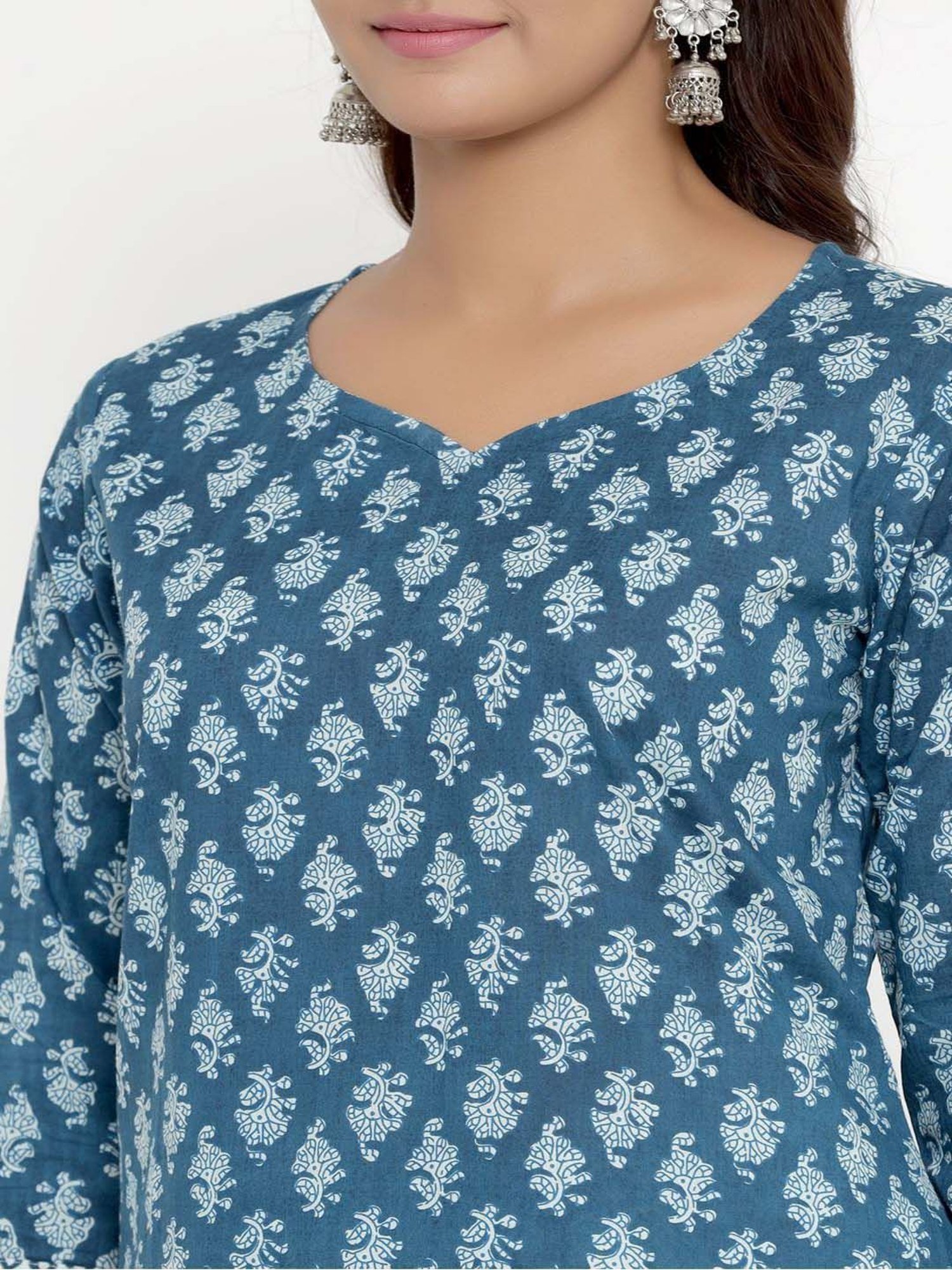 Miravan Blue Cotton Printed Kurta Pant Set