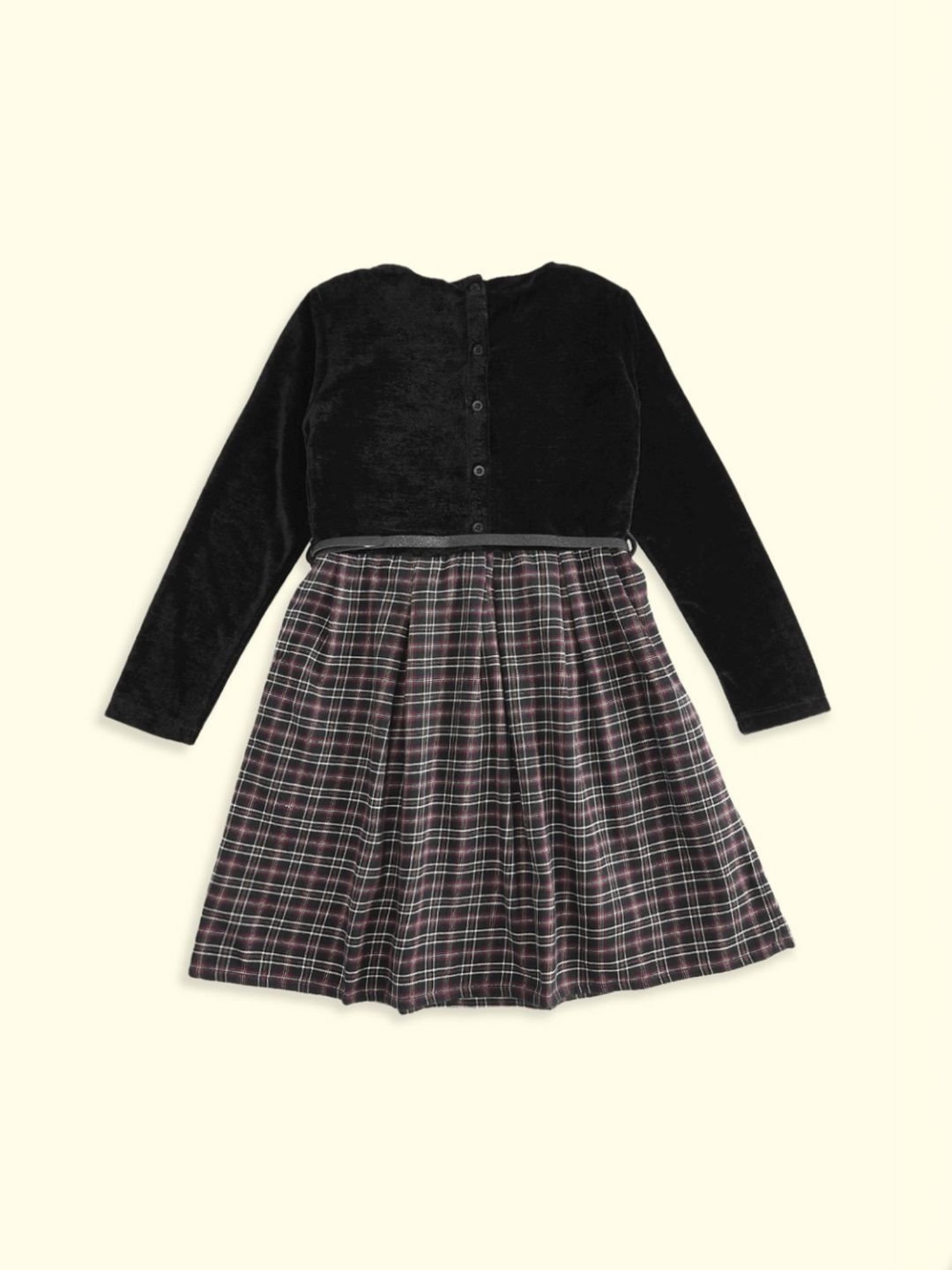 Pantaloons Junior Black Cotton Chequered Full Sleeves Party Dress