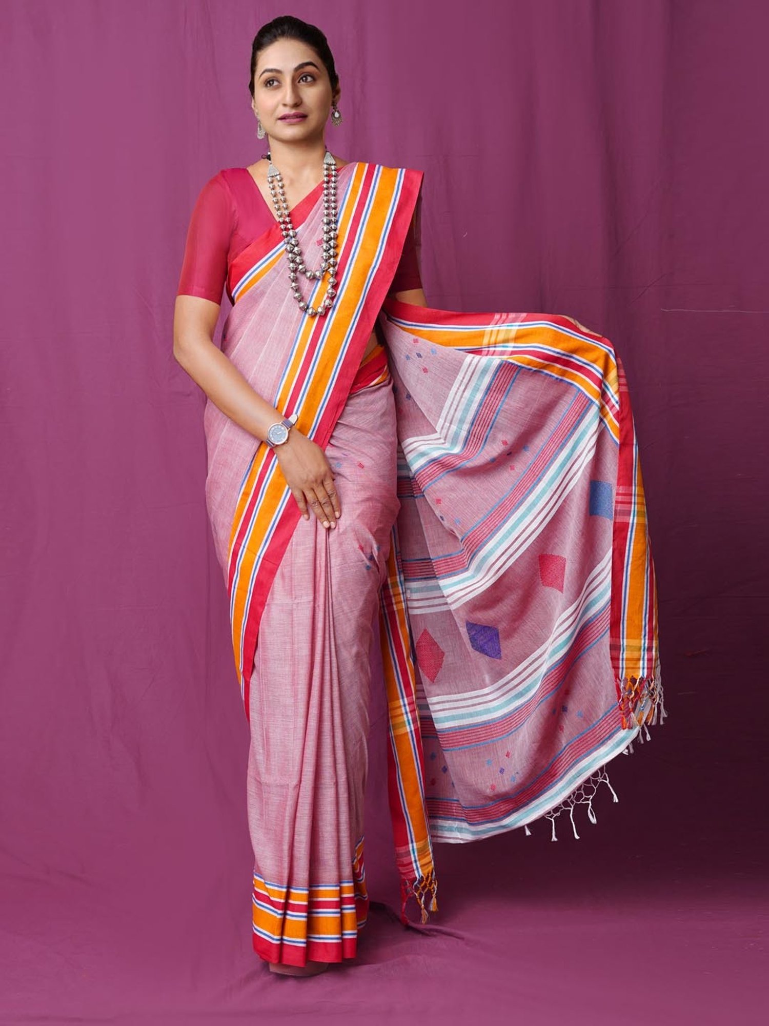 Unnati Silks Pink Cotton Woven Saree With Unstitched Blouse