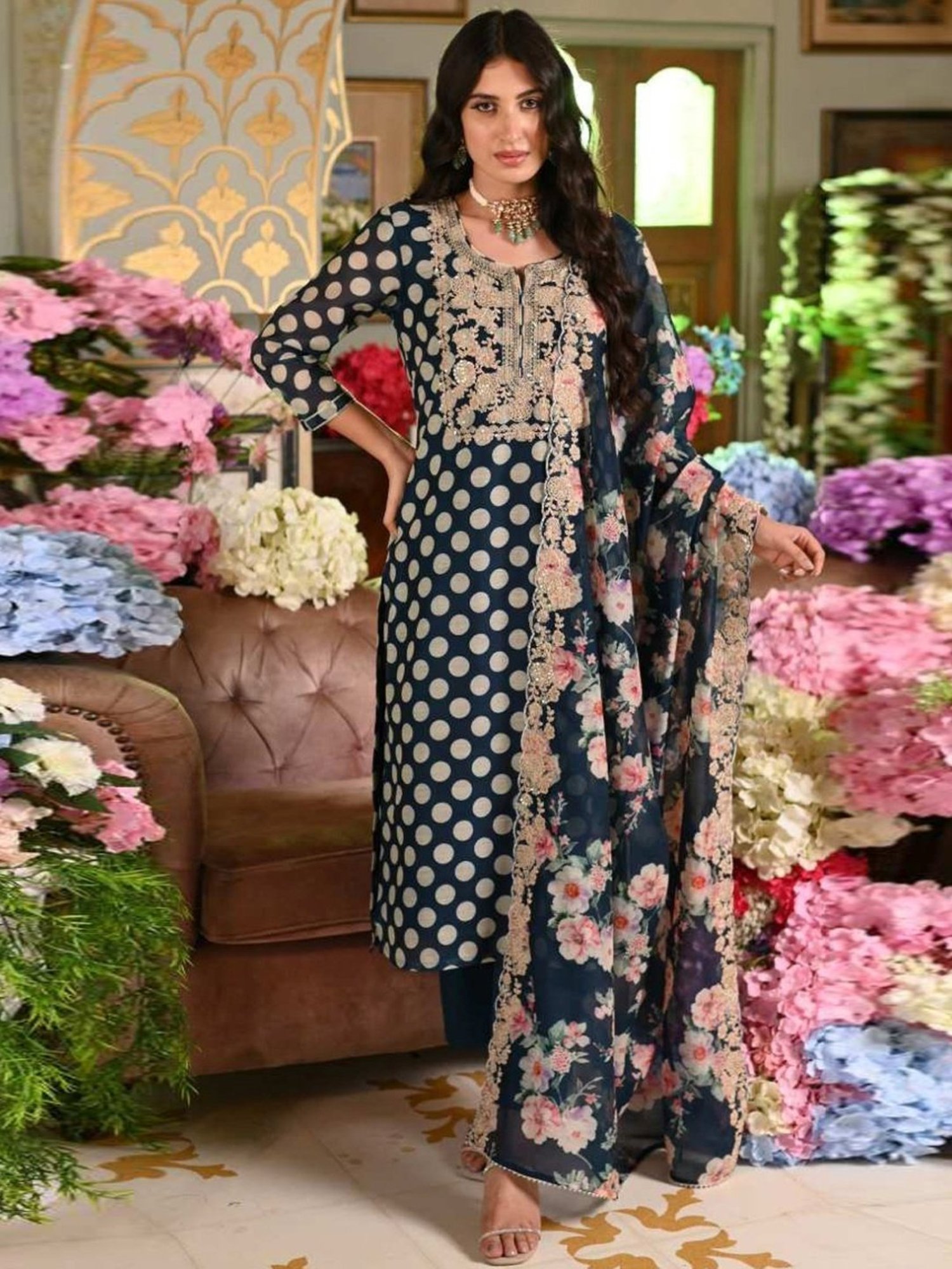 Mahee Jaipur Blue Polka Dot Chanderi Kurta with Pant and Dupatta