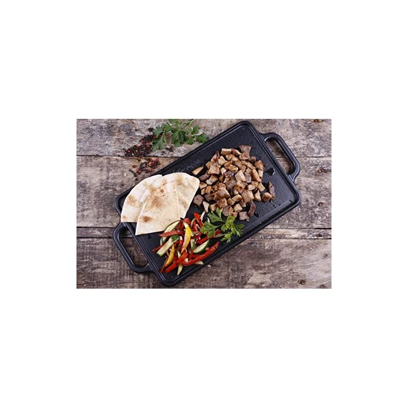 Rectangular Cast Iron Double Burner, Reversible Griddle Grill Seasoned with 100% Kosher Certified Non-GMO Flaxseed Oil, 13 x 8,3 Inch, Black