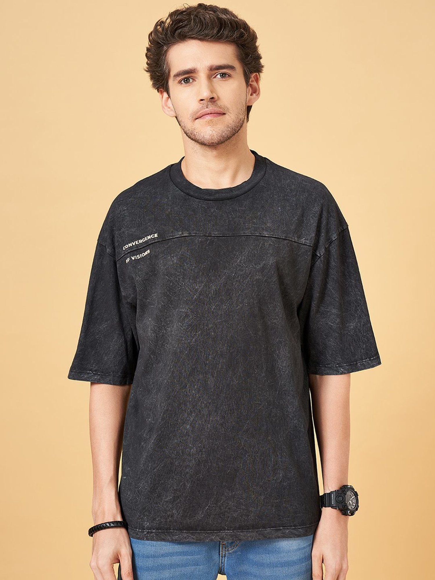 Sf Jeans By Pantaloons Jet Black Loose Fit Printed T-Shirt