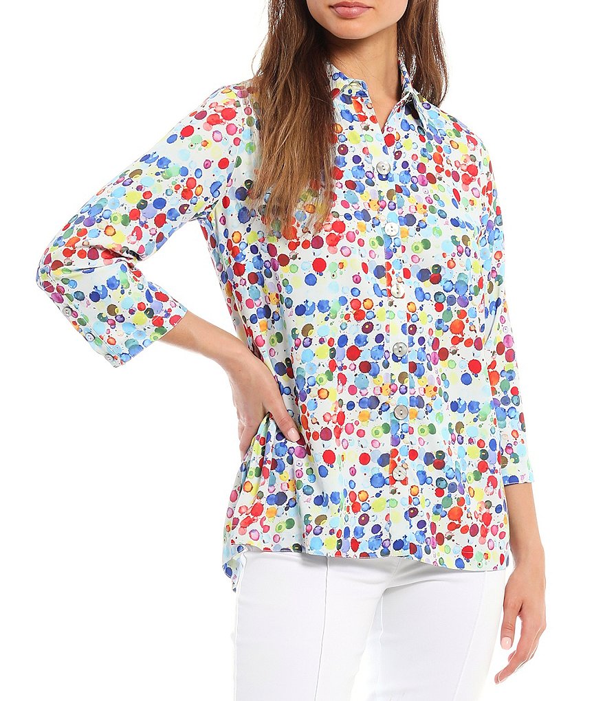 John Mark Colorful Dot Print Button Front Hi-Low Blouse