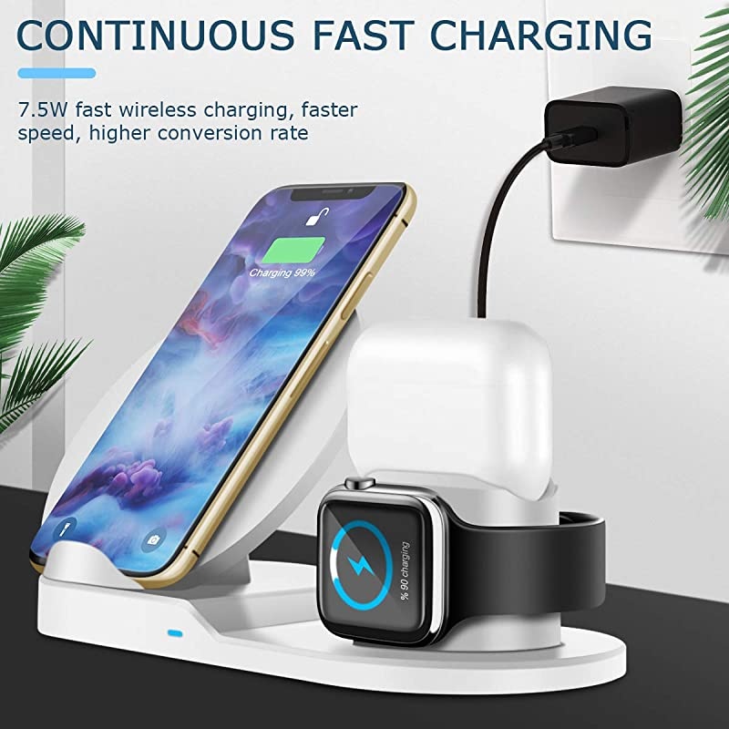 Wireless Charger 3 in 1 Qi 10W Wireless Charging Dock Station Compatible for Apple iWatch 1234 Airpods iPhone121111 Pro MaxXXS Max8 Fast Charging Stand White
