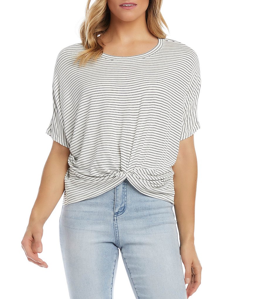 Karen Kane Stripe Twist-Front Round Neck Top