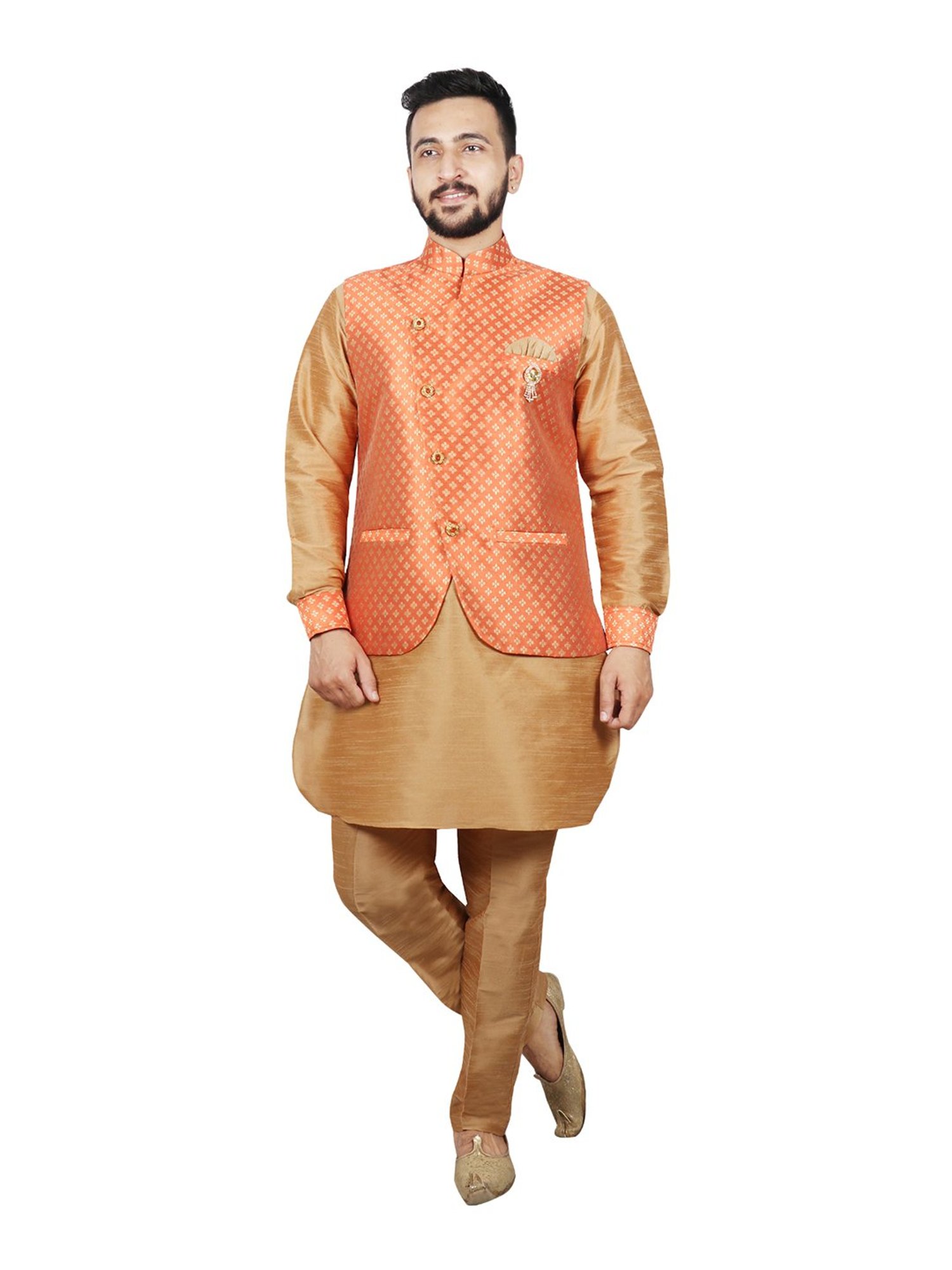 SG RAJASAHAB Orange Printed Kurta & Pant Set With Jacket