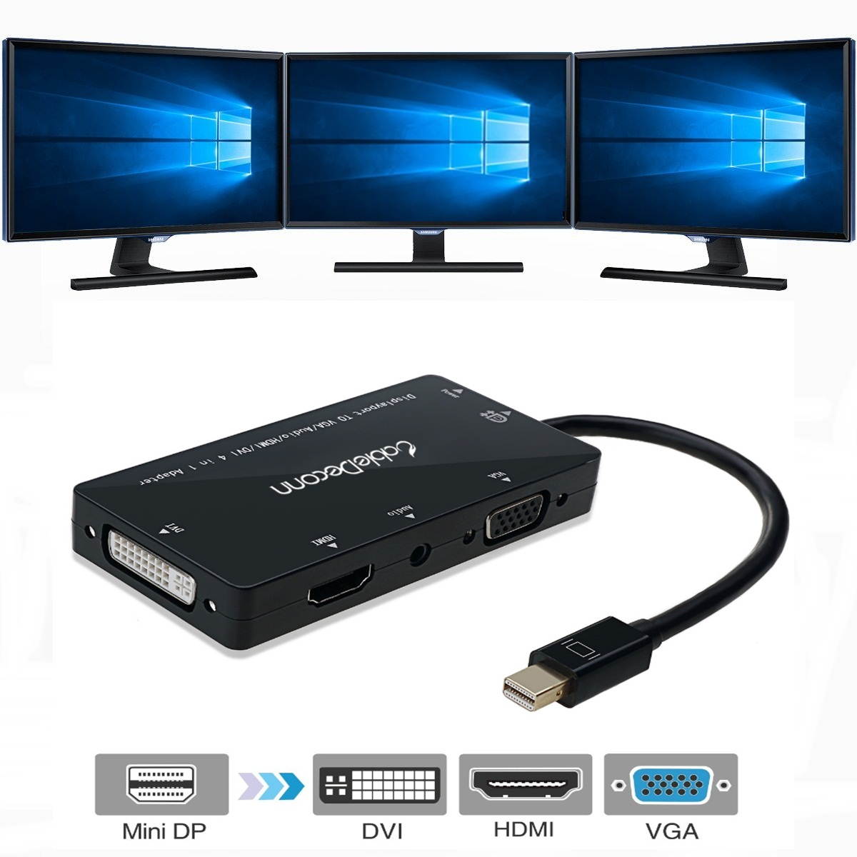 CableDeconn 4-in-1 Mini Displayport (Compatible Thunderbolt) to Hdmi dvi vga Adapter Cable with Audio Output Converter for Apple Macbook Air  Supports 3 Monitors At the Same Time