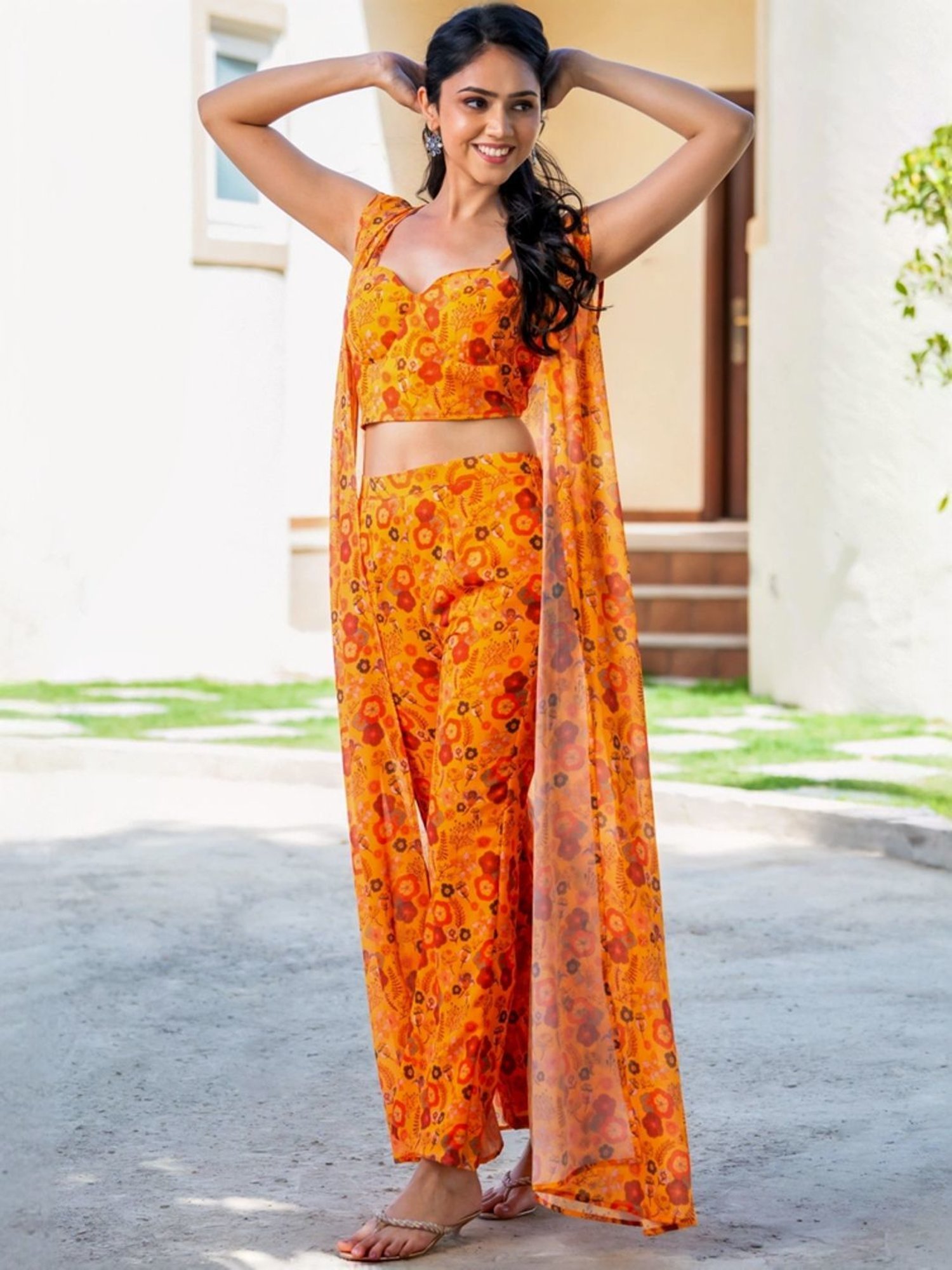 HOUSE OF JAMOTI Mustard Printed Crop Top Palazzo Set With Long Cape