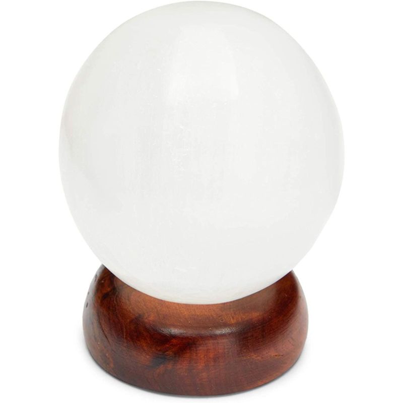 WellBrite 2 Piece Healing Crystal Ball, Selenite Sphere with Wood Stand, Home D'ecor