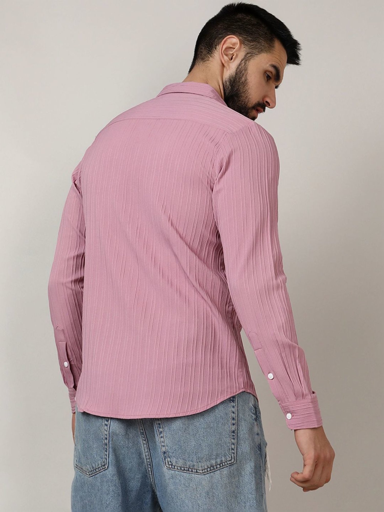 Campus Sutra Pink Regular Fit Striped Shirt