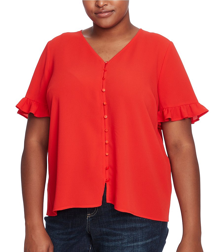 CeCe Plus Size V-Neck Short Sleeve Ruffled Button Down Blouse