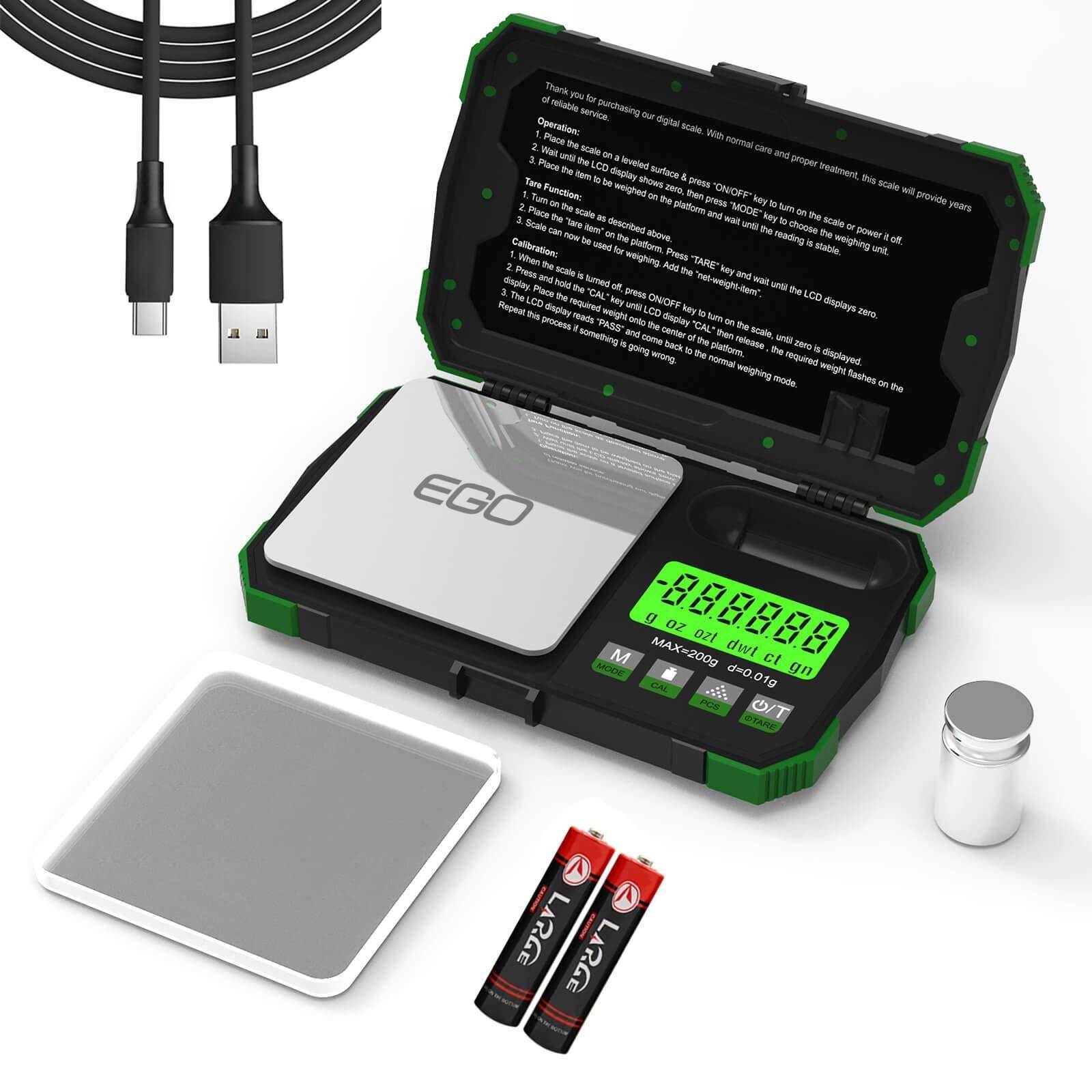 Gram Scale Pocket Size, 200/0.01g Small Scale w/ Tray, Herb Coin Scale LCD Backlight Arrow Scale with USB Charging Port Read in 6 Units (Non-Rechargeable Battery, 50g Calibration Weight Included)