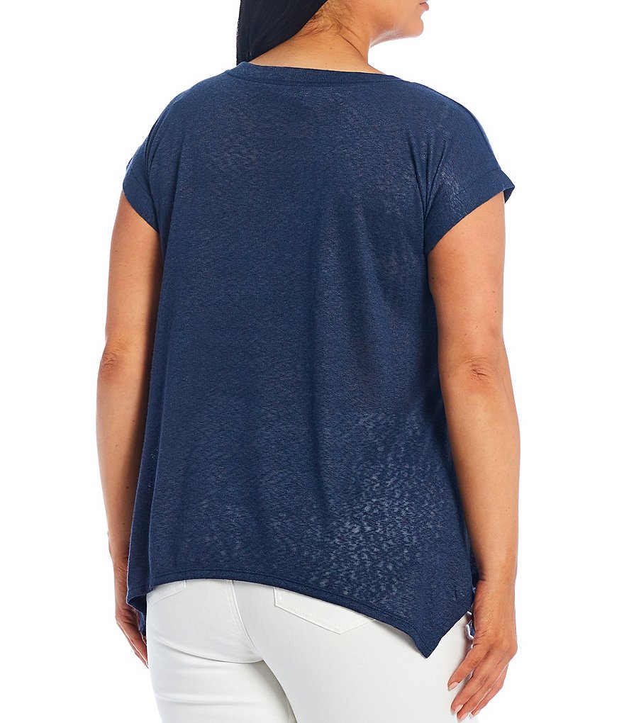 Bobeau Plus Size Embroidered V-Neck Cap Sleeve Sharkbite Tee