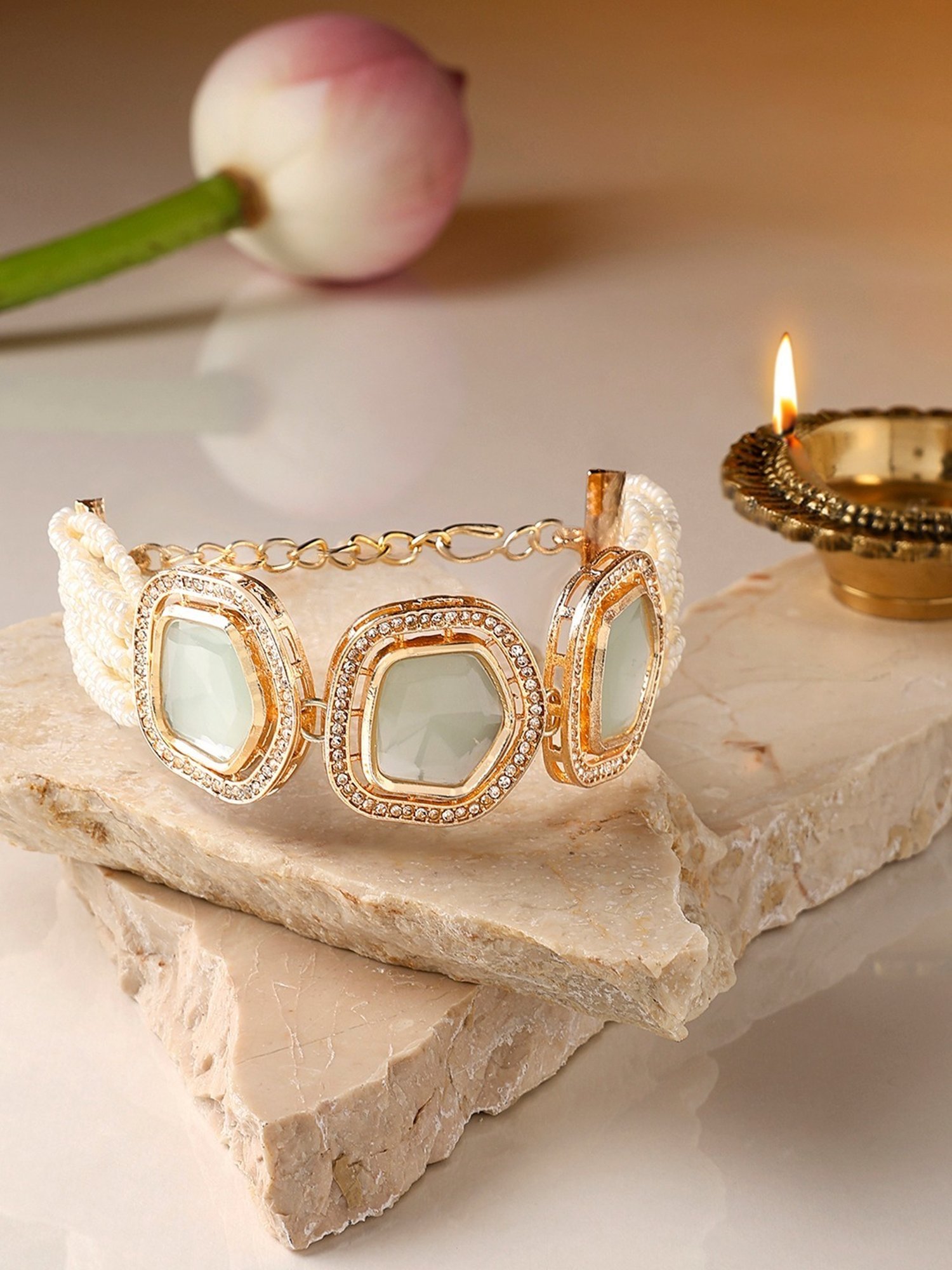 Zaveri Pearls Green Multistrand Artificial Stones & Beads Ethnic Bracelet-ZPFK16676