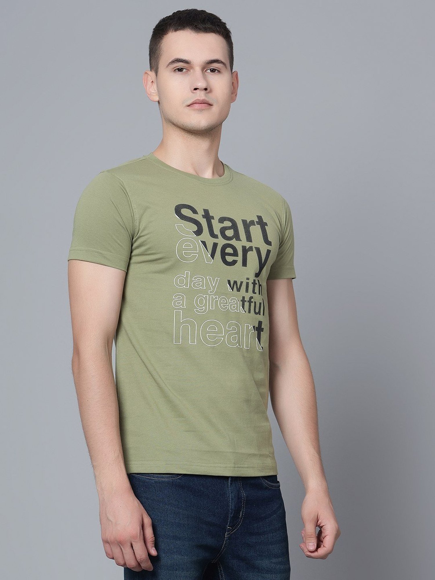 Cantabil Green Cotton Regular Fit Printed T-Shirt