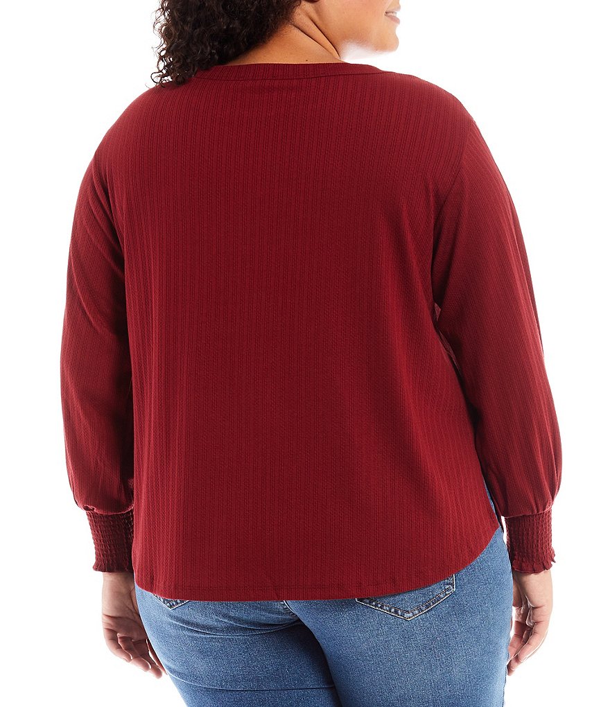 Jessica Simpson Plus Size Veera Smocked Cuff Round Neck Long Blouson Sleeve Top