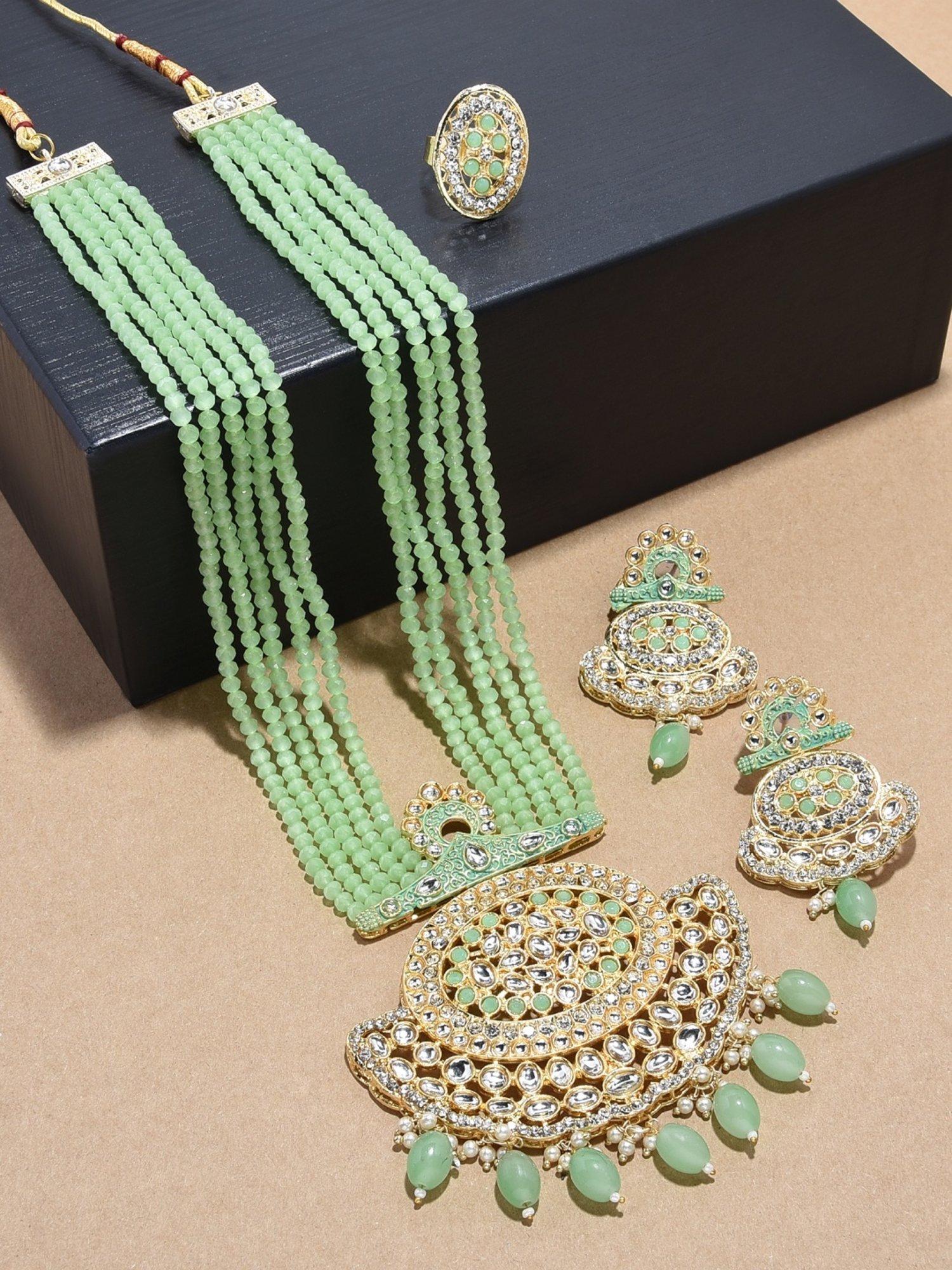 Zaveri Pearls Green Crystals Beaded Multistrand Kundan Necklace, Earring & Ring Set