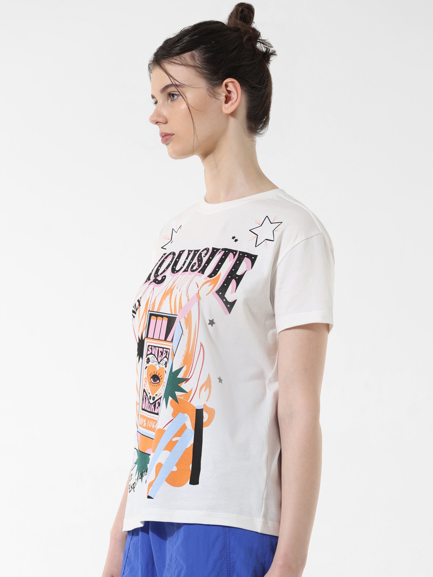 Only White Cotton Graphic Print T-Shirt
