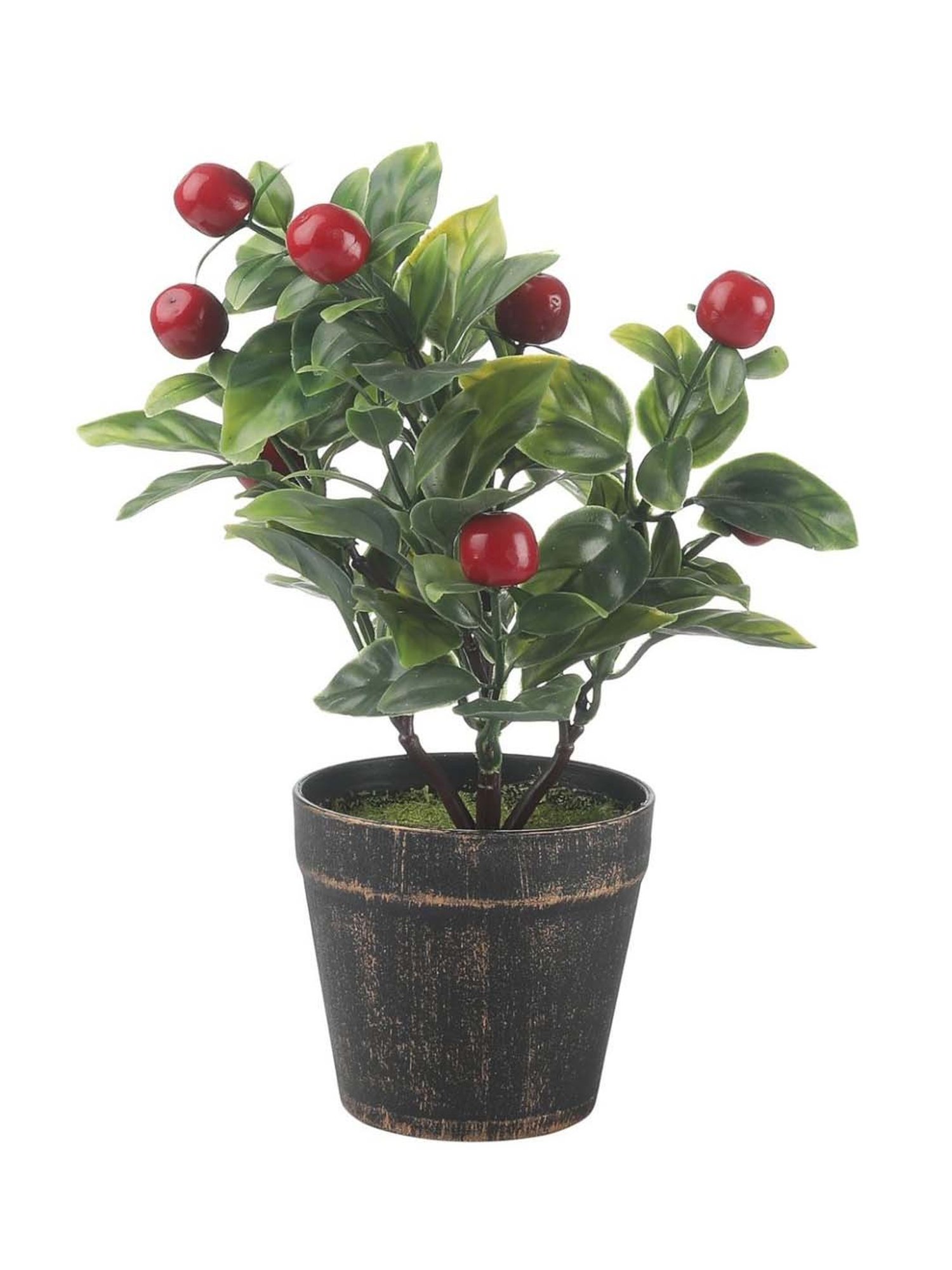 Foliyaj Green & Red Plastic Artificial Cherry Bonsai Tree With Pot