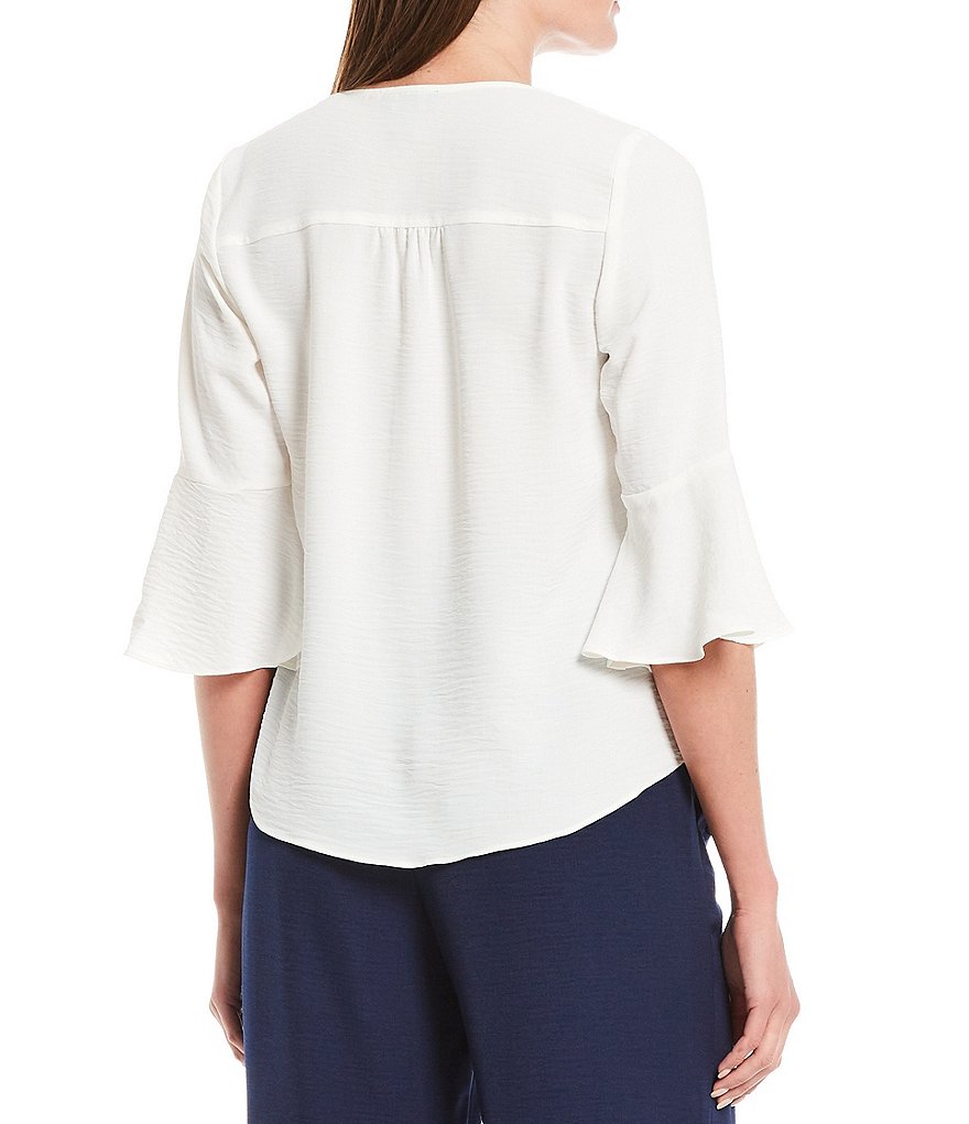 I.N. Studio Petite Size Crosshatch V-Neck 3/4 Bell Sleeve Button Down Tie-Front Top