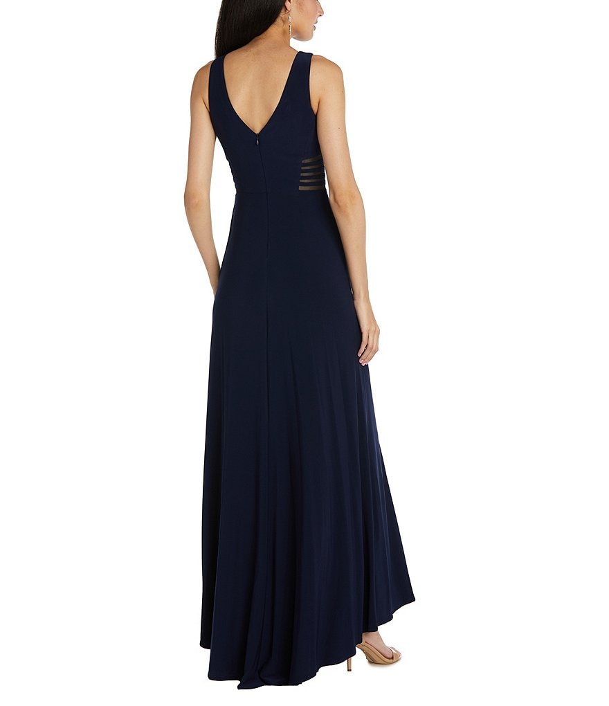 Morgan & Co. Power Mesh Deep V Plunging Neck Long Dress