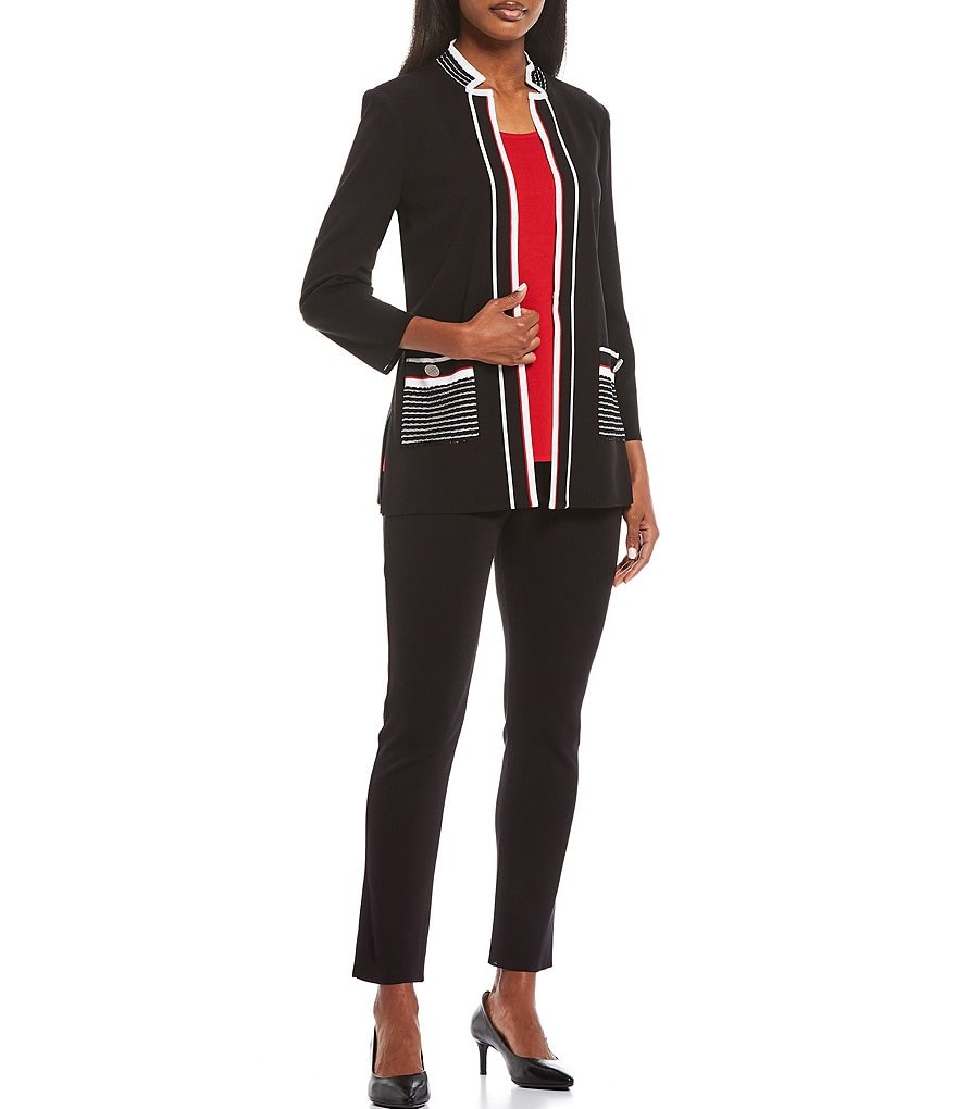 Misook Bracelet Sleeve Mandarin Collar Multi Trim Two Pocket Jacket