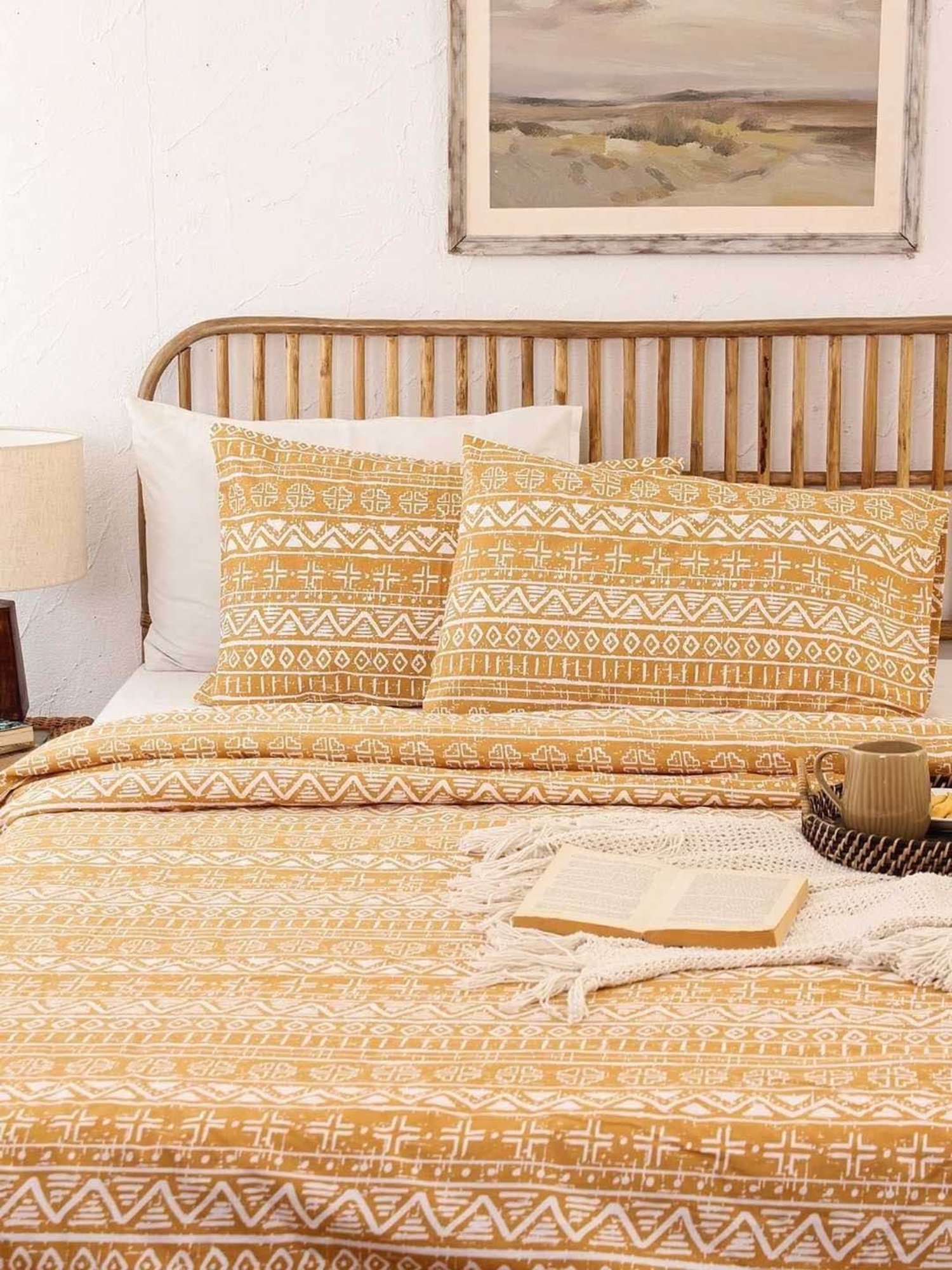 House This Kullu Patti Yellow & White Cotton 144 TC Single Duvet Cover