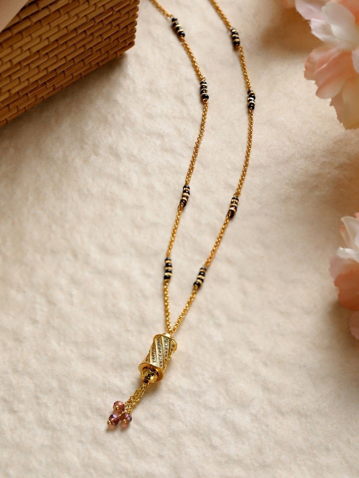 Abdesigns Gold-Plated American Diamond & Black Beaded Mangalsutra