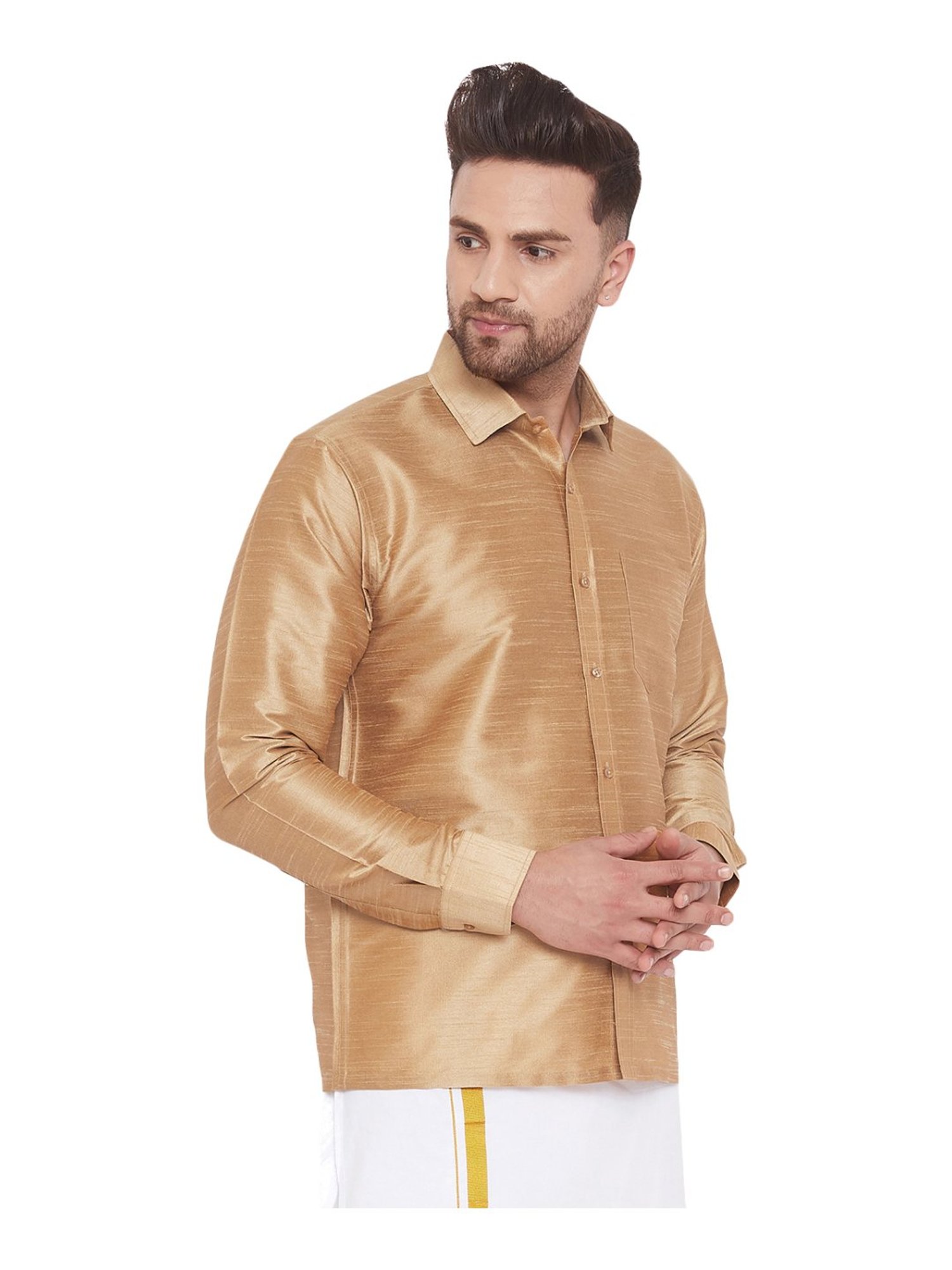 VASTRAMAY Beige Straight Fit Self Pattern Ethnic Shirt