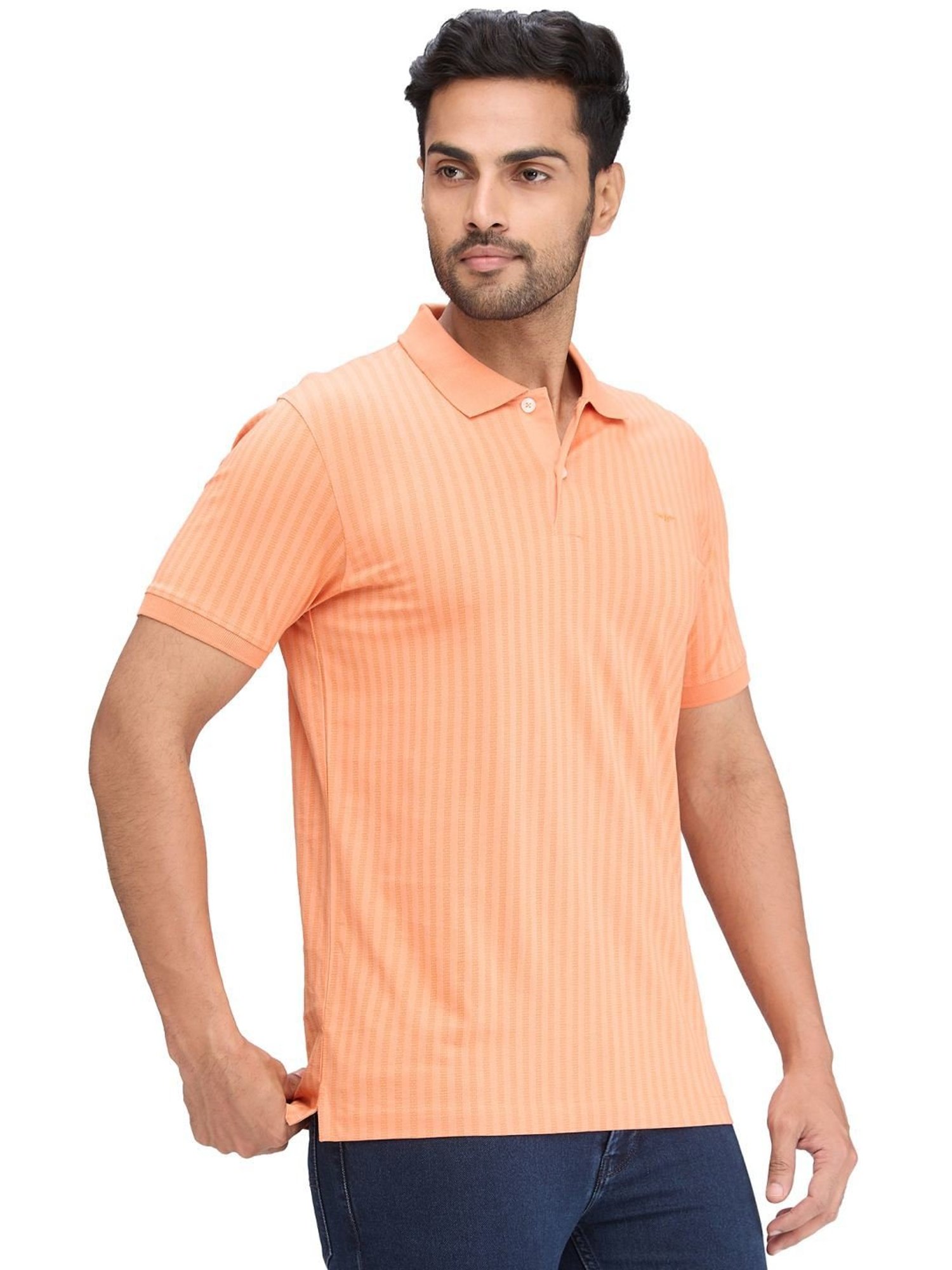 Park Avenue Orange Slim Fit Striped Polo T-Shirt