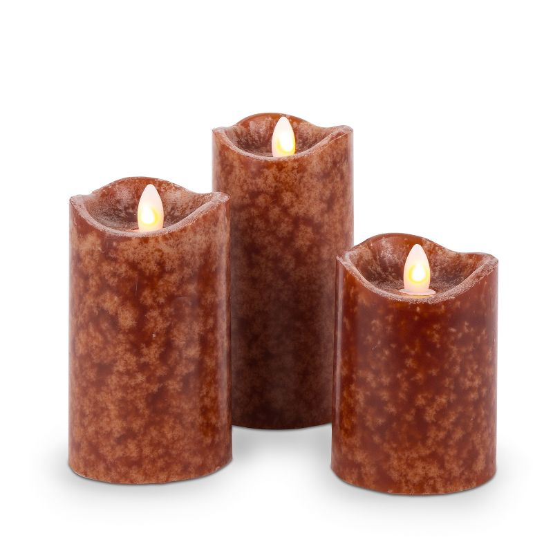 Everlasting Glow Set of Three 3 Brown LED Pillar Candles with Aurora&reg; Flame and Remote Control