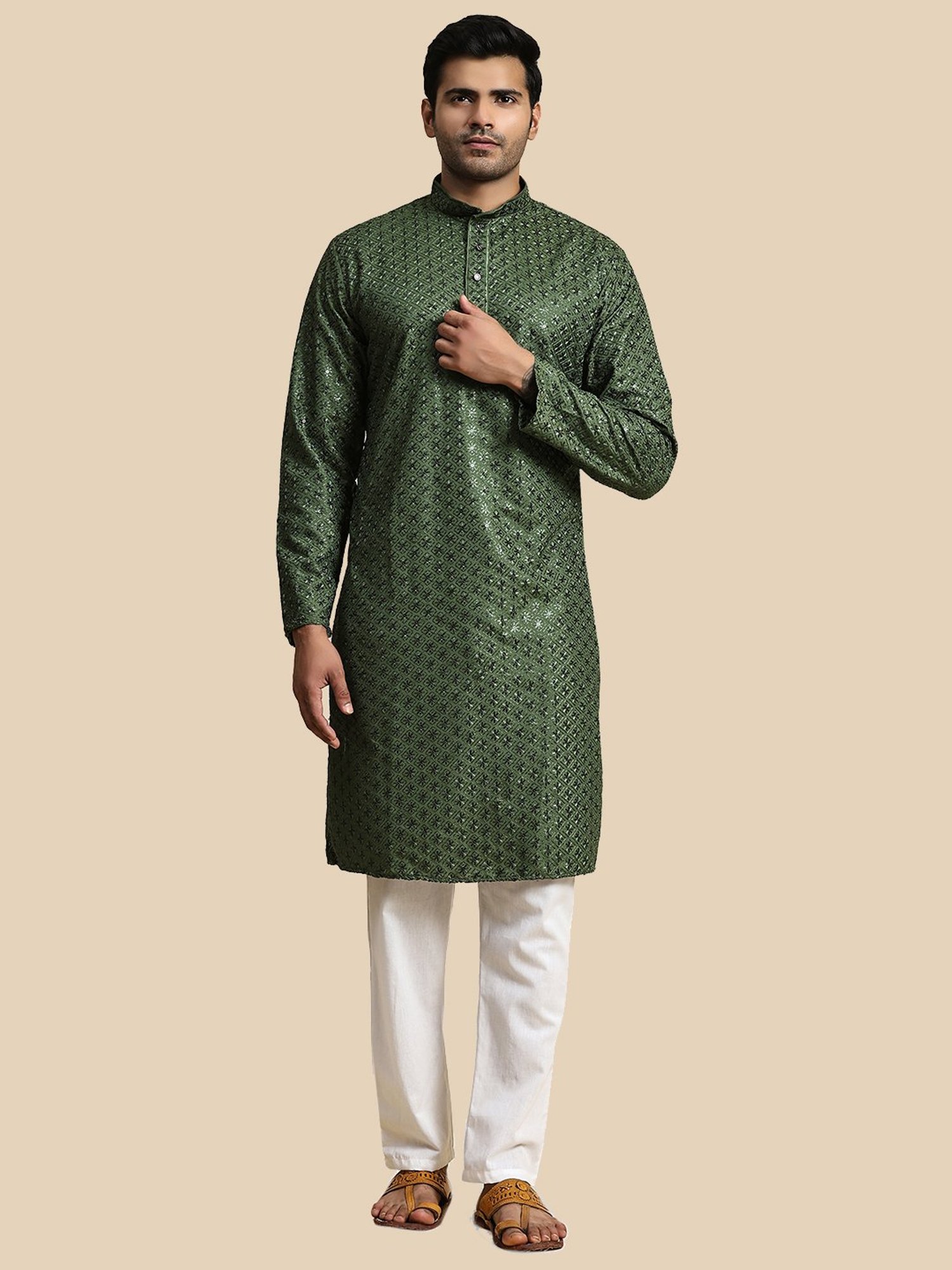 Pro-Ethic Style Developer Green & White Regular Fit Embroidered Kurta & Pyjamas Set