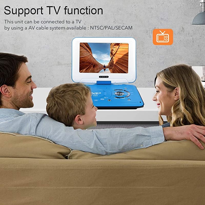 9.8" Portable DVD Player Supports SD Card/USB Port/CD/DVD, Rede Controller,2 Hour Rechargeable Battery, 9" Eye-Protective Screen, Support AV-in/Out,Region Free (Blue)