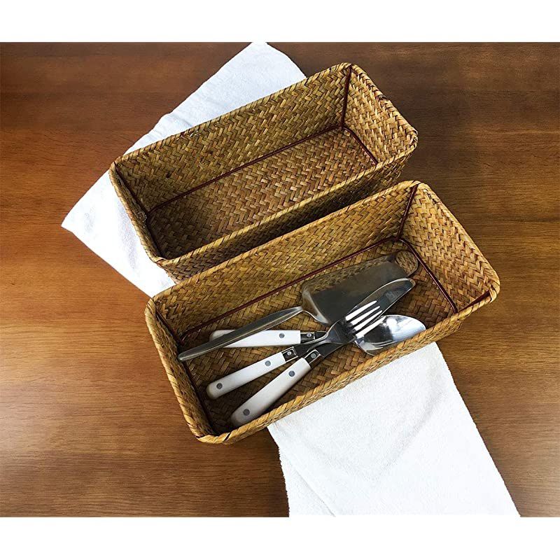 HandWoven Seagrass Storage Rectangur Basket and Home Organizer BinsNatural Water Hyacinth Basket SmallBrown no Grid